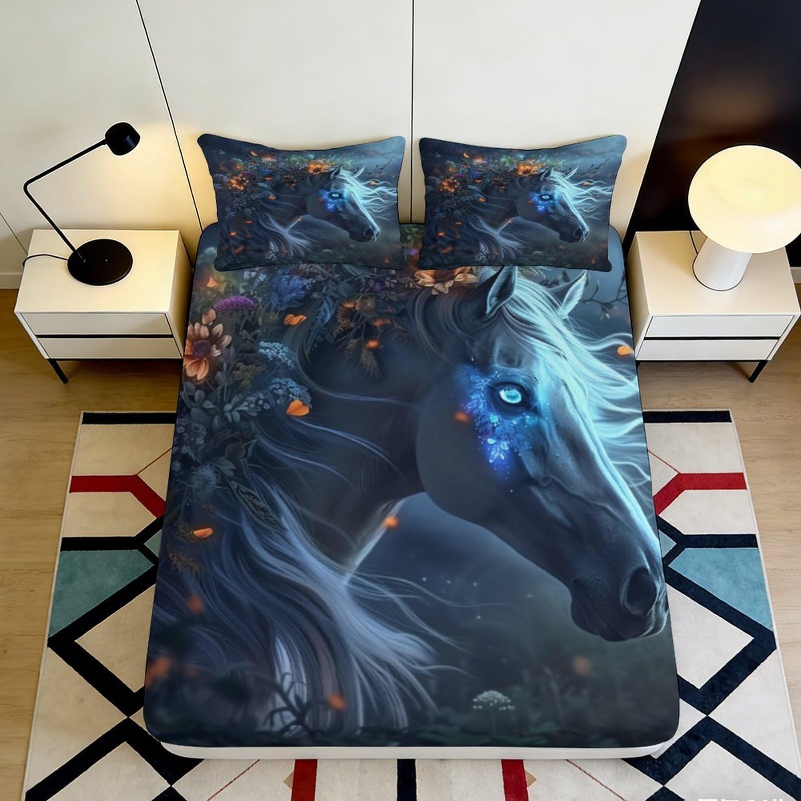 3D Printed Mystic Horse Fitted Sheet Microfiber Soft Breathable Enchanted Forest Bed Cover for Bedroom Dormitory Guest Room Mattress Protection Decor 160x200x25cm