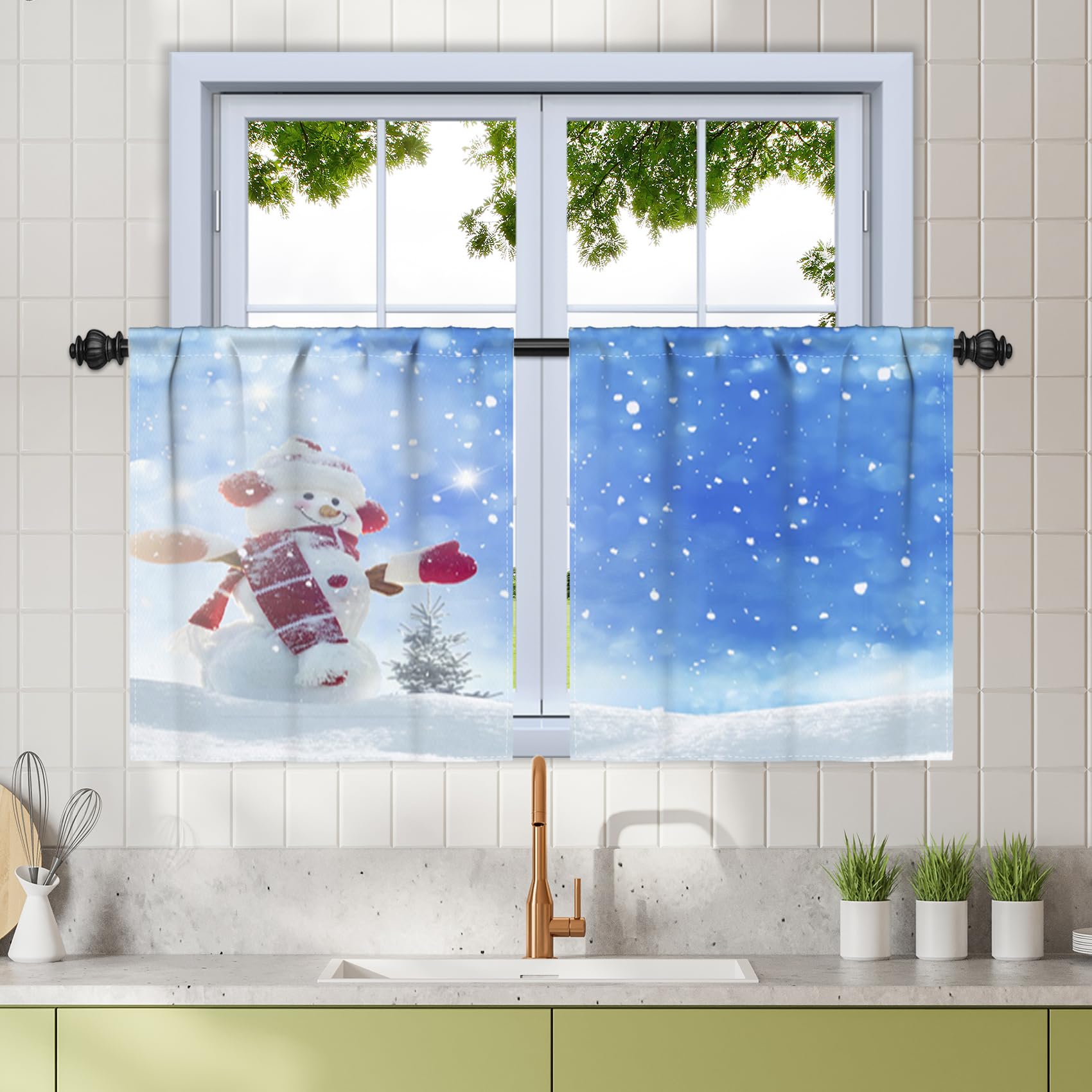 Renaiss 26 x 24 Inch Winter Snowman Bathroom Curtains for Cafe Kitchen Short Tier Curtains Blue Sky Snowflakes Window Treatment Tiers Cabinet Basement Blackout Linen Curtains with Rod Pocket 2 Panels