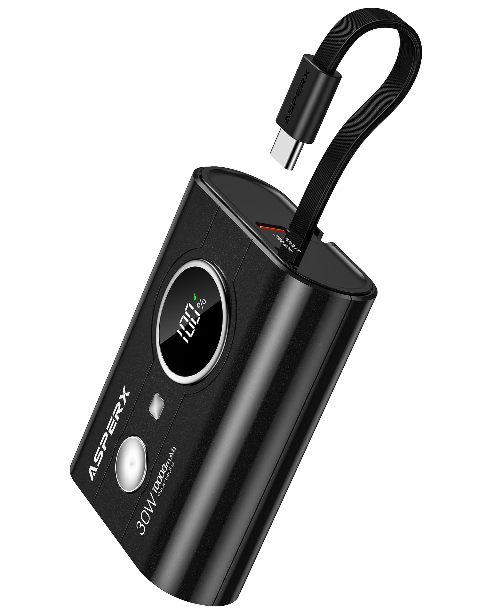 AsperX Power Bank, 10000mAh 30W Caricatore Portatile Ricarica Rapida, Powerbank con cavo USB-C integrato, 2 porte USB-C, 1 porta USB-A, compatibile con 15/14, Galaxy, iPad, AirPods, Nero