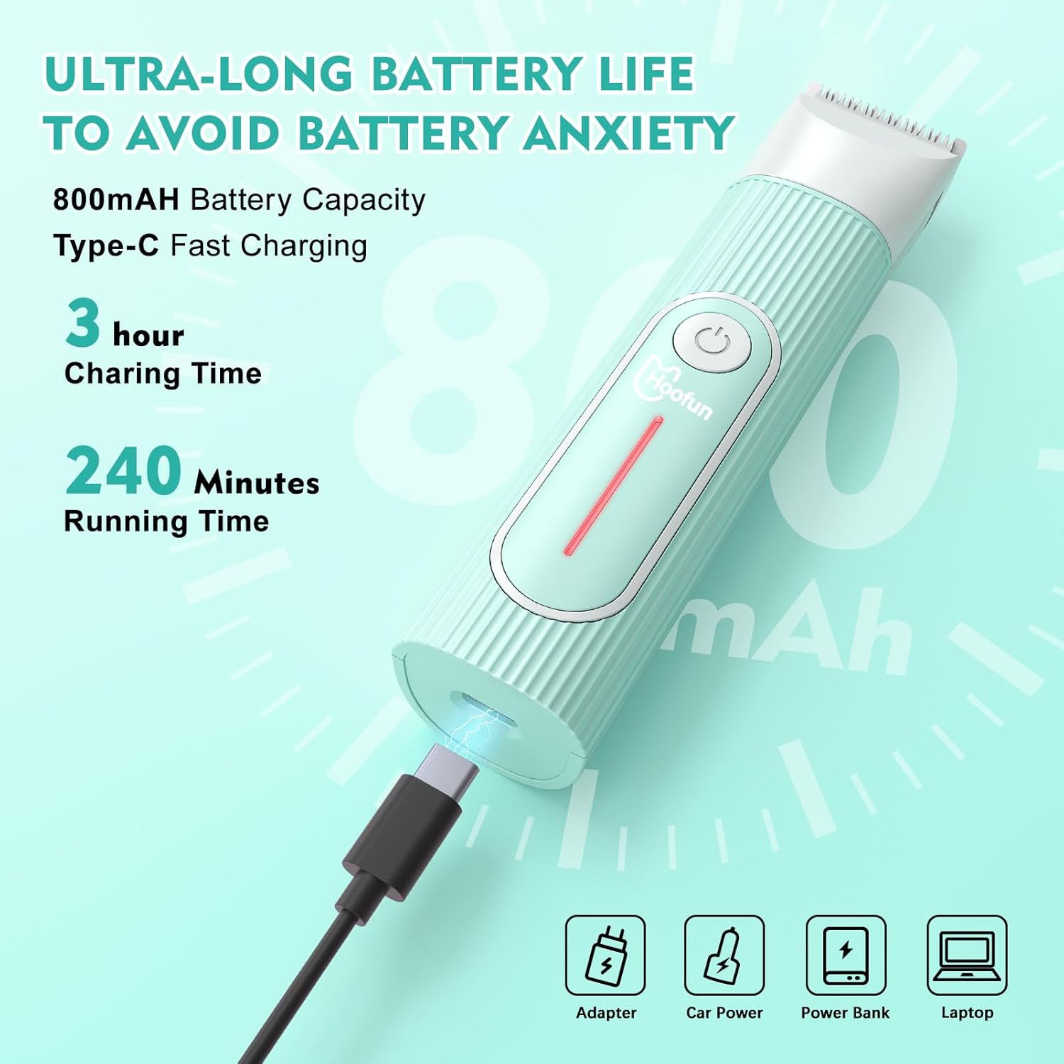 Image showing the three guide combs (2mm, 3/4mm, 5/6mm) and a hand attaching a comb to the Hoofun pet trimmer. A comparison shows how other trimmers might cause skin irritation without guide combs.