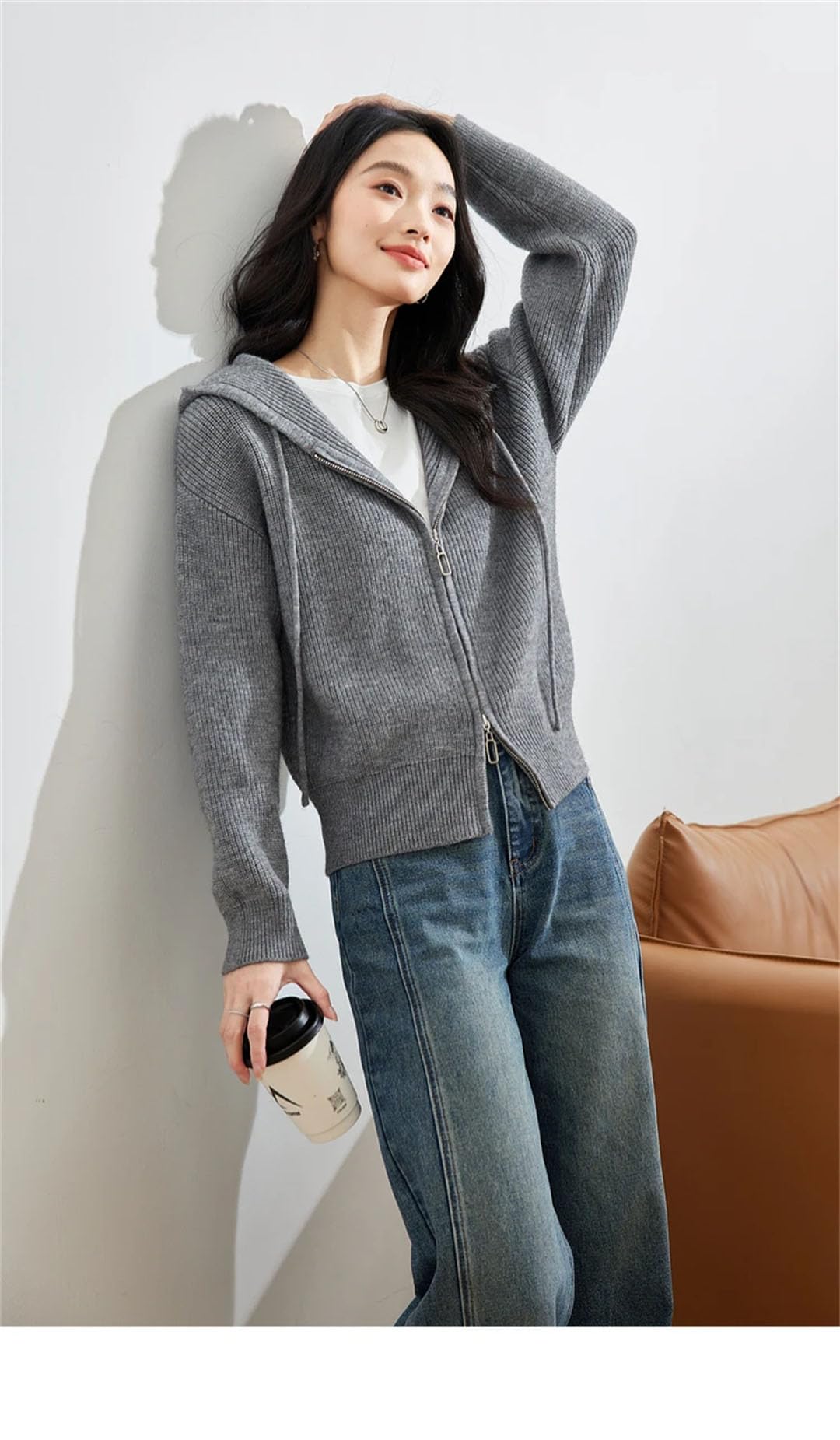 Cárdigan de punto simple con capucha para mujer, chaqueta con cremallera, abrigo sólido para viajeros perezosos