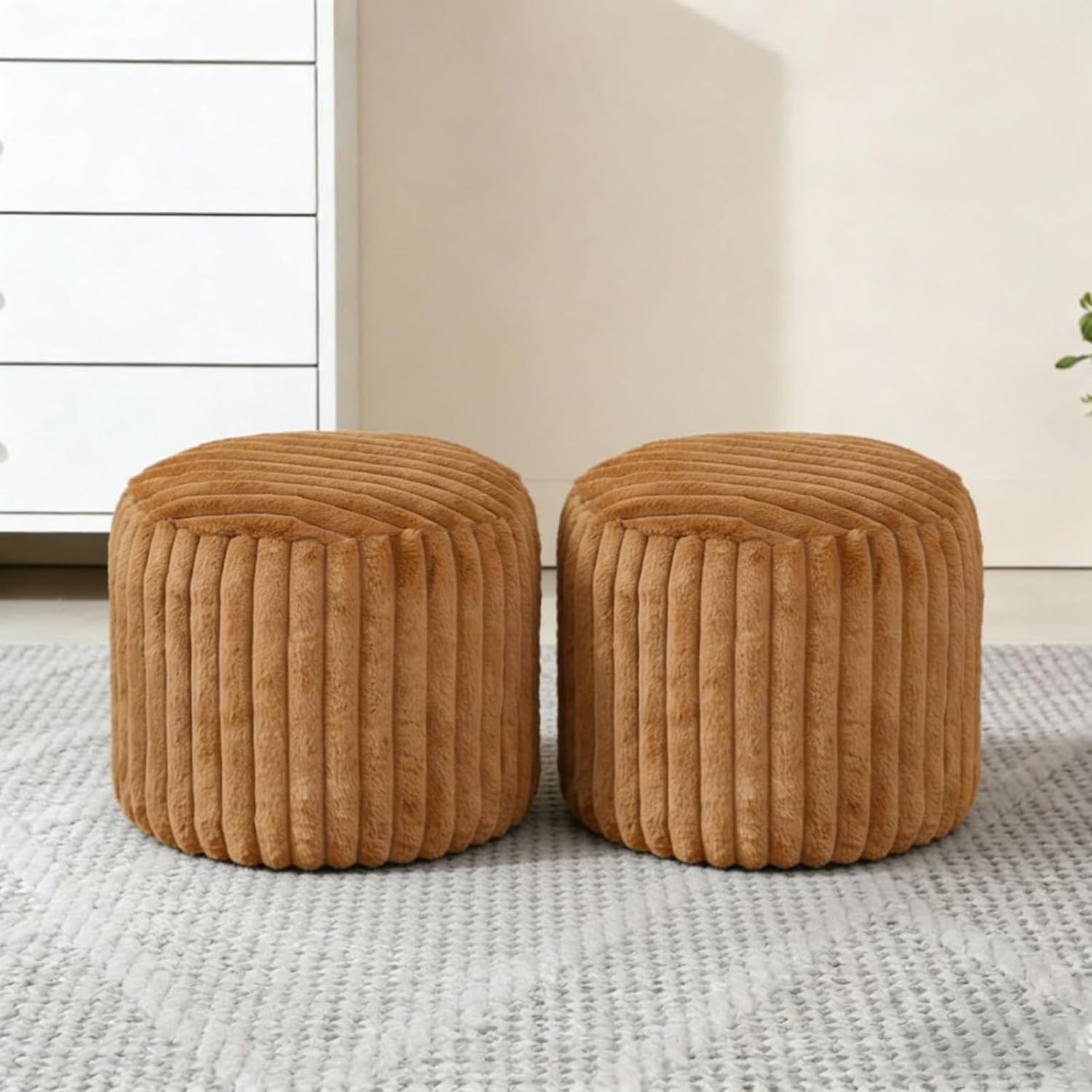 2 Pcs 20 x 15 Inch Unstuffed Pouf Cover Ottoman Foot Rest - No Filler, Faux Rabbit Fur Foot Stool Floor Bean Bag Floor Chair Storage for Home Decor Bedroom Living Room (Brown)