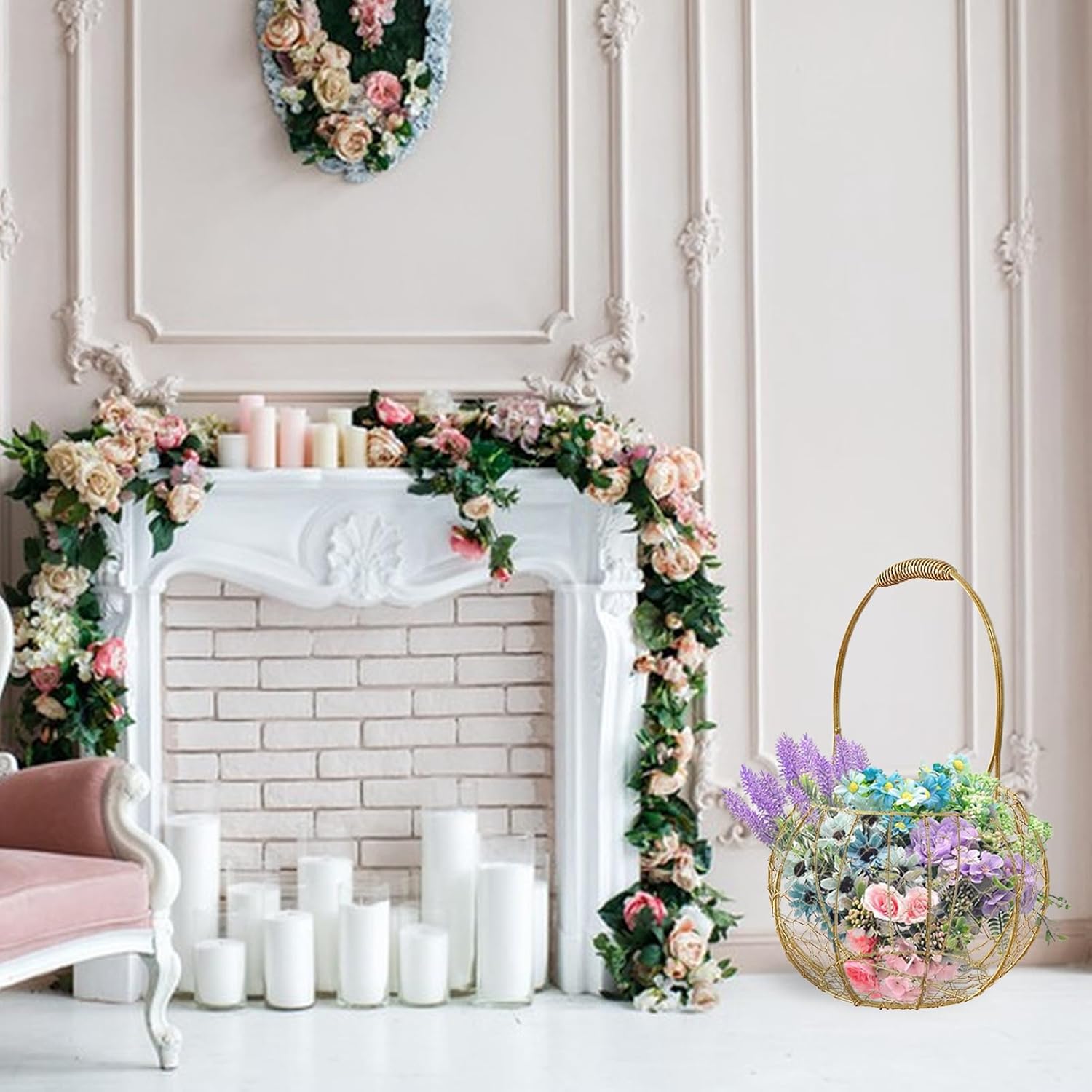 2 PCS Gold Lantern Flower Girl Baskets,Metal Wedding Basket with Handle,Portable Gold Decorated Basket,Geometric Flower Girl Basket,Vintage Metal Baskets for Wedding Decoration(Gold)