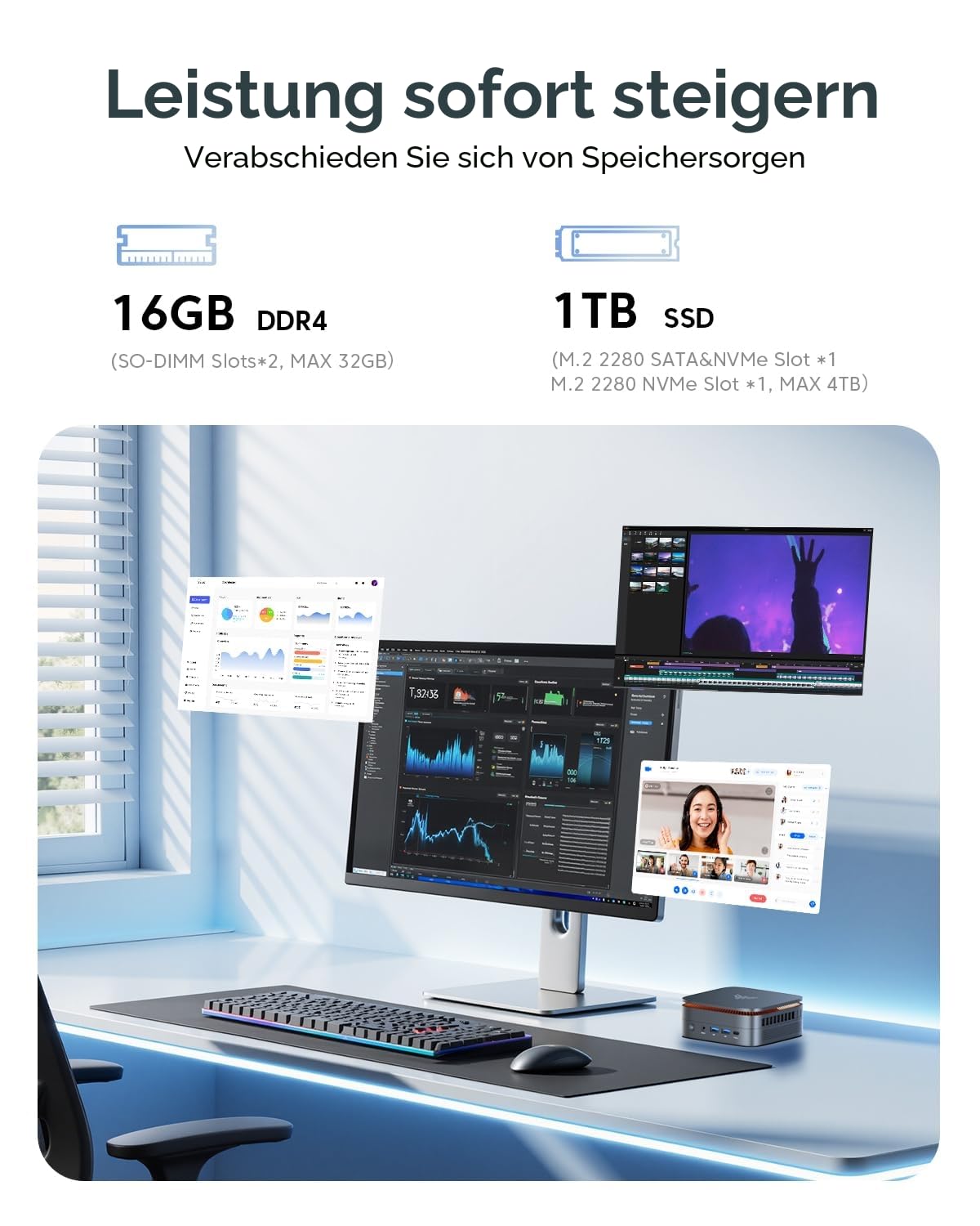NiPoGi Pinova P1 Mini PC AΜD Ryzen 3300U W11 Pro(4C/4T,MAX. 3.5GHz,Besser als 3200U/N100) 16GB DDR4 RAM(Max.32GB)+1TB SSD(Max.4TB) Computer 4K Triple Display/WiFi 5/BT/LAN Büro/Bildung/Multimedia