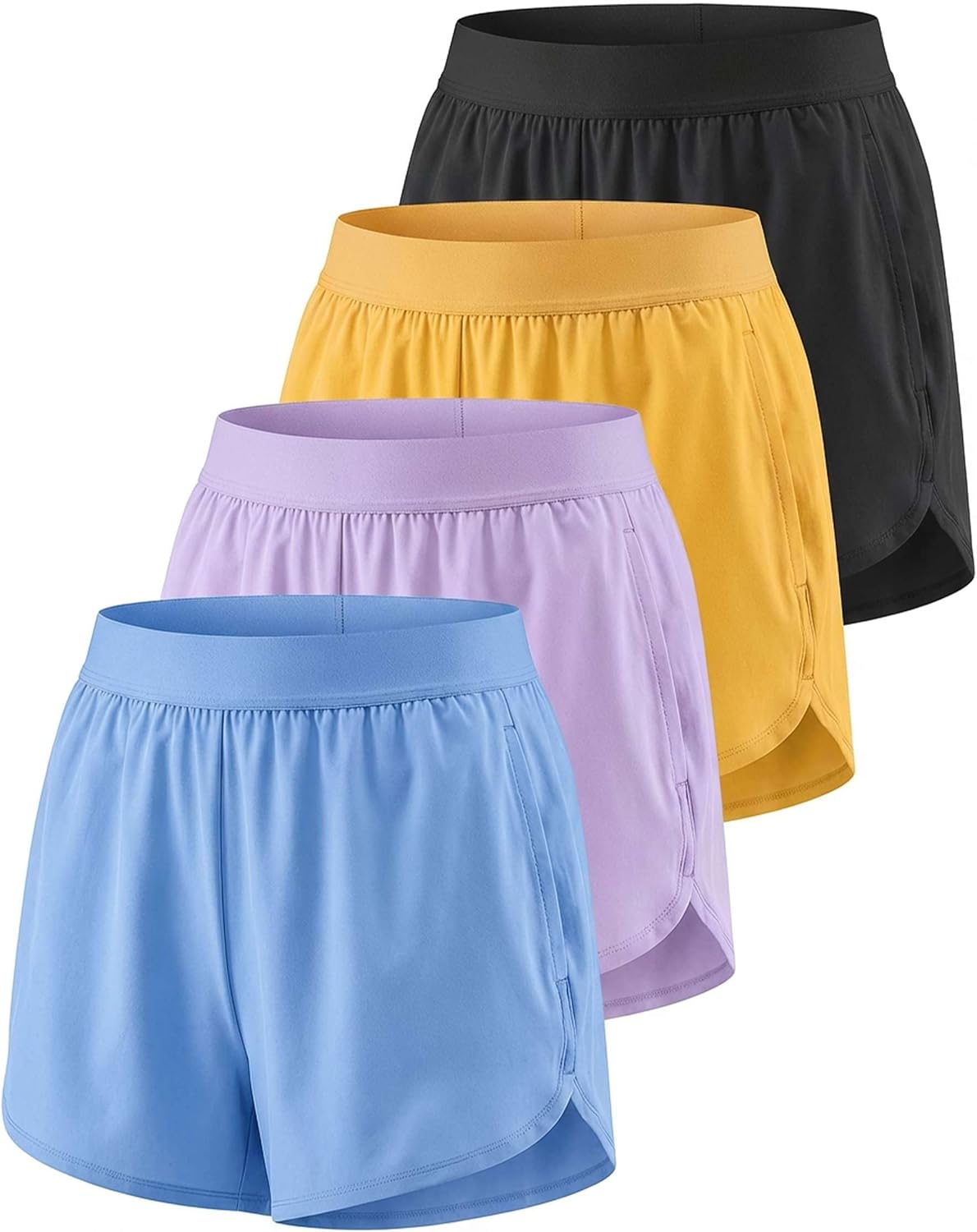Real Essentials 4 Pack: Women's 3" Dry-Fit Dolphin Running Shorts with Pockets-Athletic Gym Workout Basketball Sports Shorts