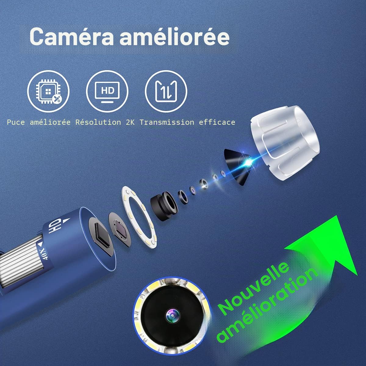 Jiusion 2K HD 2560x1440P Microscope Numérique Usb Pour Téléphone Portable Et Tablette Android Windows Mac Linux, Mini-appareil Photo Endoscope à Grossissement 40X à 1000X pour Pièces Peau Cuir Chevelu