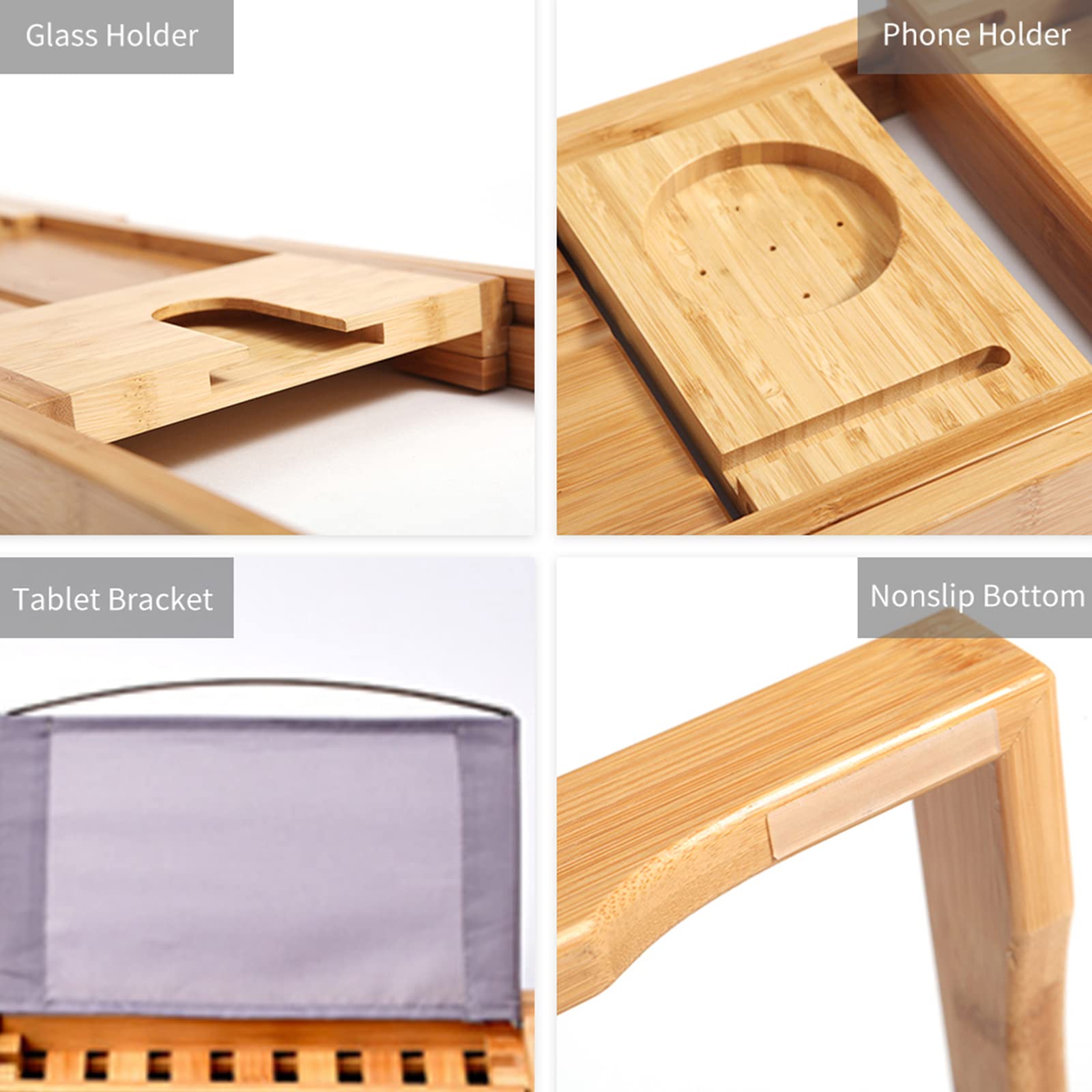 Bandeja Caddy para bañera de bambú de Primera Calidad, Bandeja de Madera Extensible con Soporte para Copas de Vino, Soporte para Lectura y Ranura para teléfono para bañeras, Caja Individual