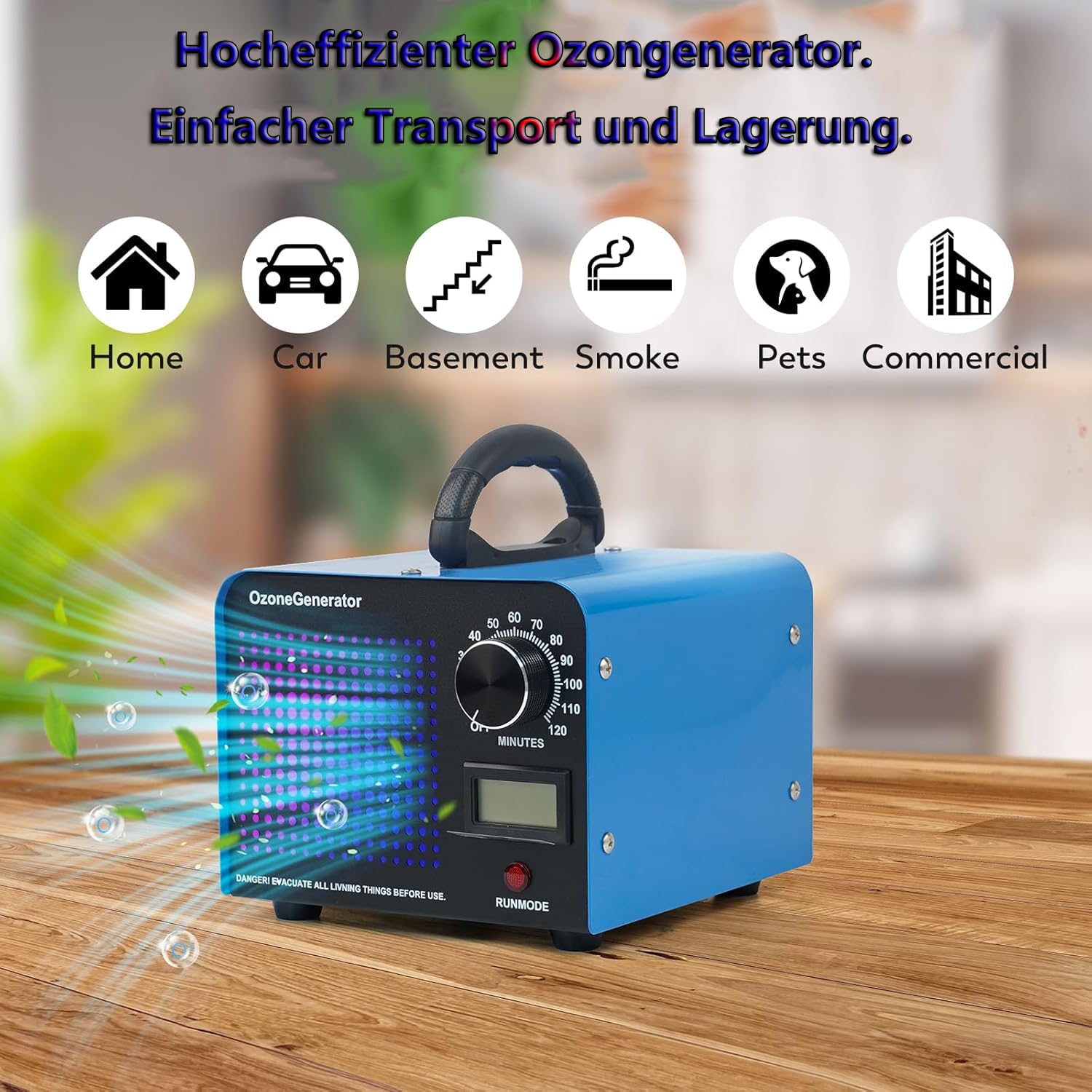 Generatore di ozono, 60000 mg/ora, con indicatore di temperatura e umidità, purificatore d'aria con timer da 120 minuti, per auto, appartamento, stanza, fumo, odori di animali domestici e odori della