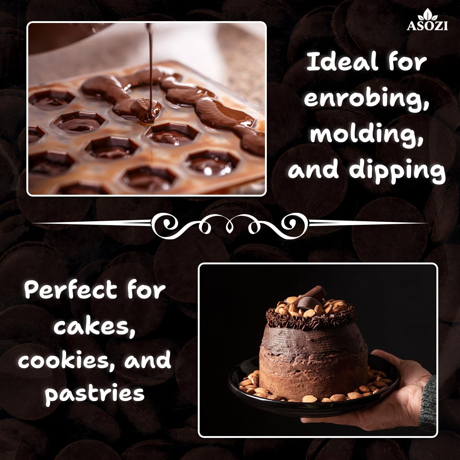 ASOZI Dark Chocolate Melting Wafers, 2 lb - Candy Melts for Dipping, Baking & Molds - Easy Melt Coating for Strawberries, Truffles & Viral Dubai Chocolate Bars
