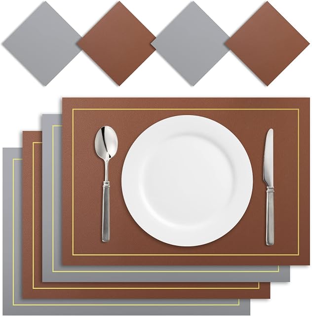 HEYOMART Placemats and Coasters Set of 4, Dual-Sided PU Faux Leather Table Mats Kitchen Place Mats for Kitchen Indoor Outdoor Dining Table Restaurant, Grey Brown