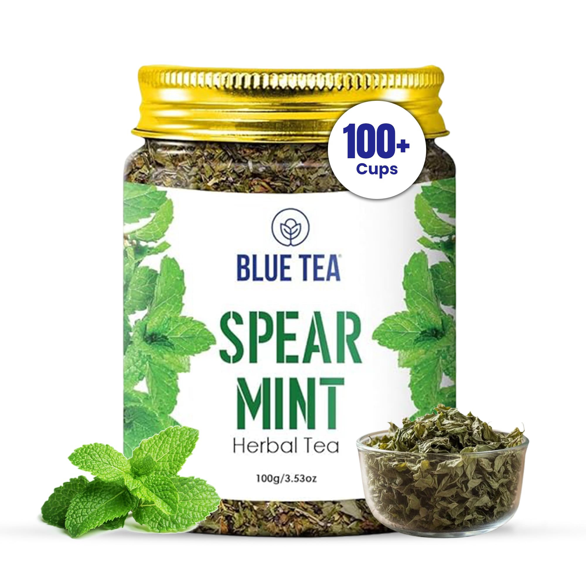 BLUE TEA - Spearmint Tea - 100 gm -100 Cups | Pcos Relief | Balances Hormones, Reduces Facial Hair & Acne and Supports Digestion | Herbal Tea - Dried Loose Leaf - Caffeine Free | Reusable Pet Jar