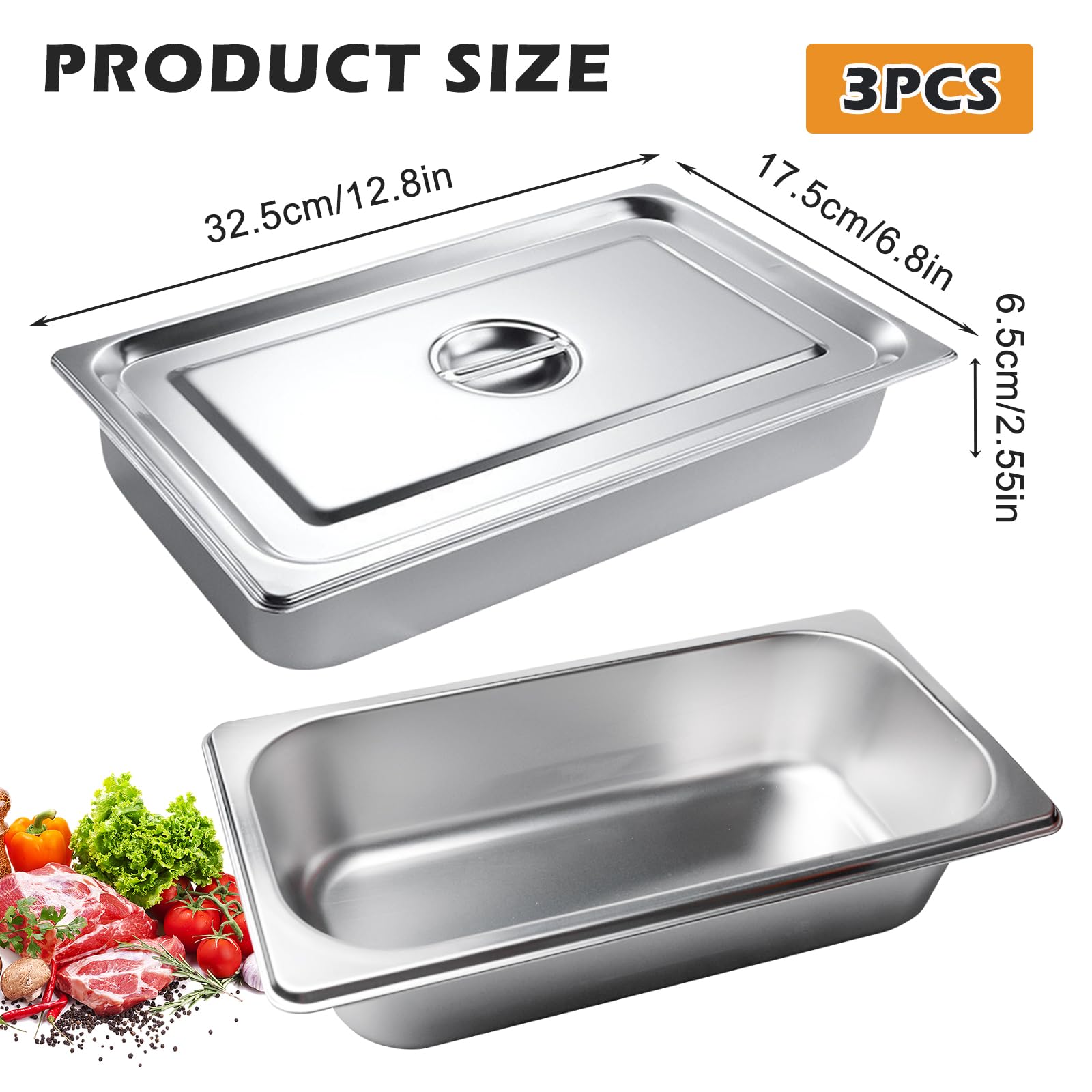 Lot de 3 bols à paner avec couvercle en acier inoxydable, 32,5 x 17,6 x 6,5 cm, récipient GN 1/3, kit de panure pour côtelettes, côtelettes de poisson, côtelettes de poulet, idéal pour paner et servir