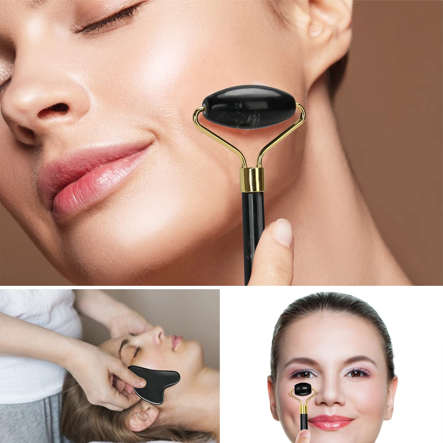 Jade Roller and Gua Sha Set Tool - Face Roller Skin Care - Guasha: 100% Real Natural Jade -Eye Treatment Products, Facial Roller for Skin, Eyes, Neck- Authentic, Durable, Noiseless Design（Black）