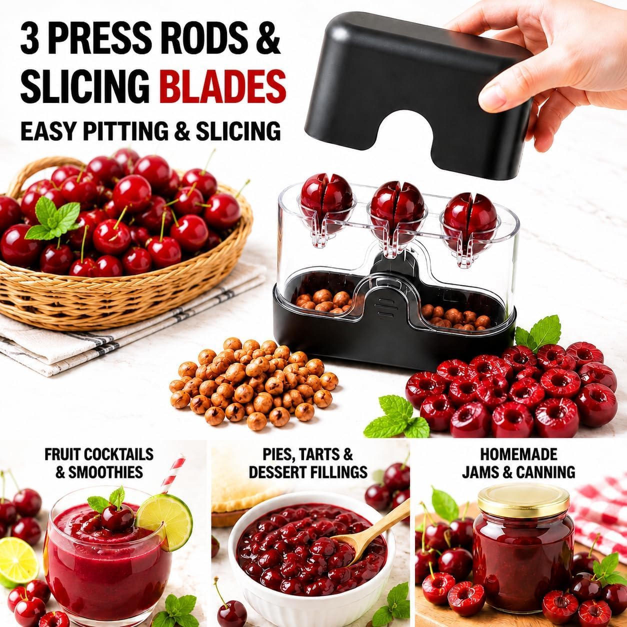 NOVANO Cherry Pitter Tool,2-in-1 Cherry Pitter & Half Slicer, Mess-Free Manual Cherry Stoner with Splatter Guard,3-Hole Cherry Seed Remover with Built-in Blade, Easy Clean Kitchen Gadget