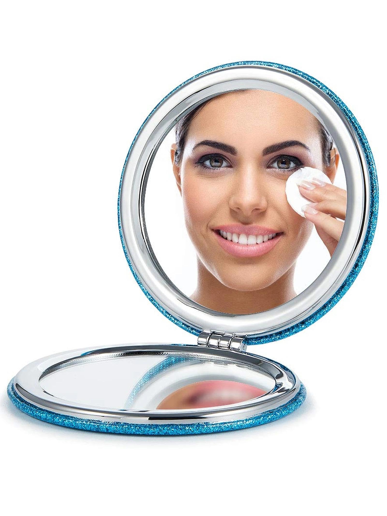 OMIRO 1X/10X Magnifying Compact Mirror with PU Leather, Ultra-Portable for Purses and Travel, Round Blue