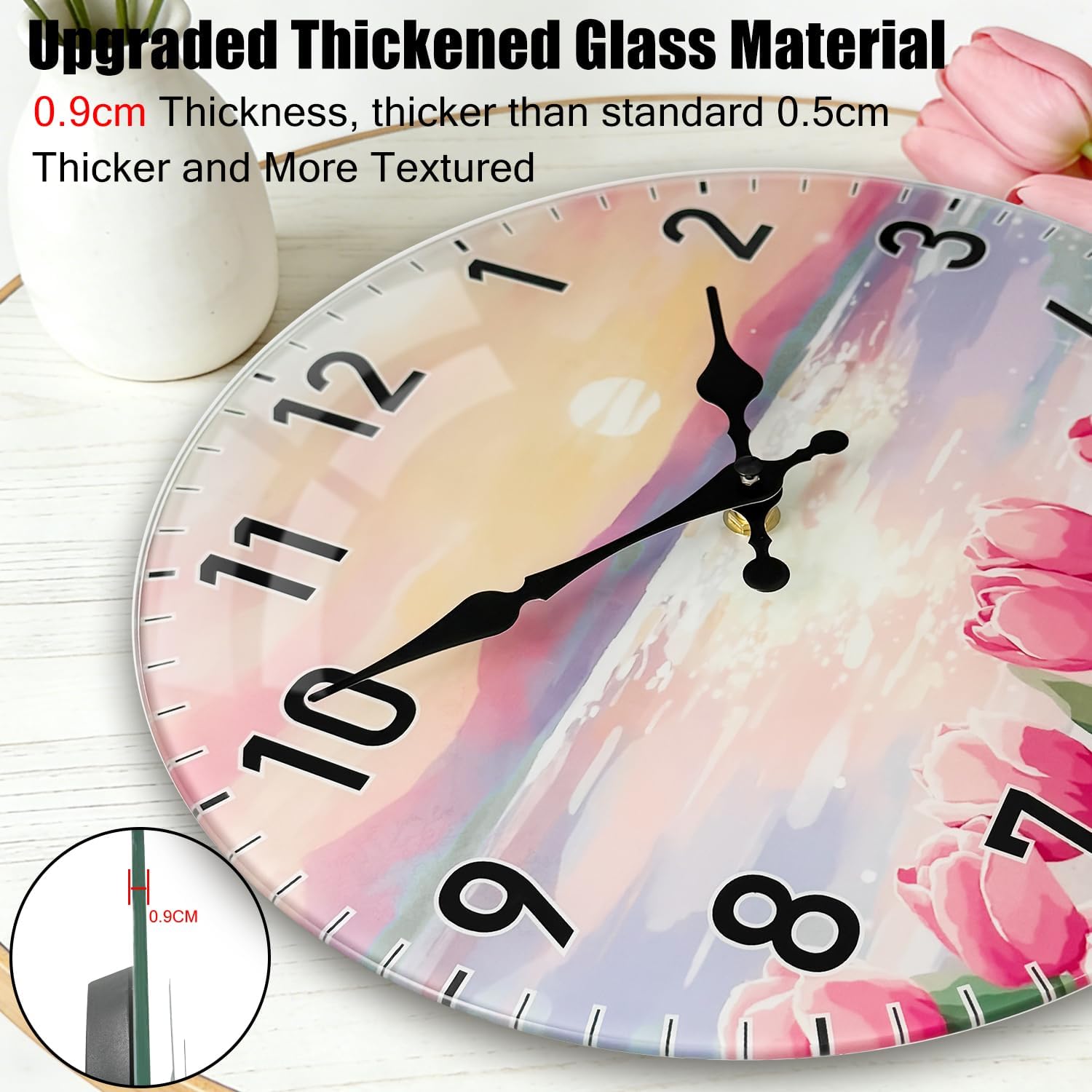 Tulip Glass Wall Clock - 8 Inch Silent Analog Battery Operated Clock