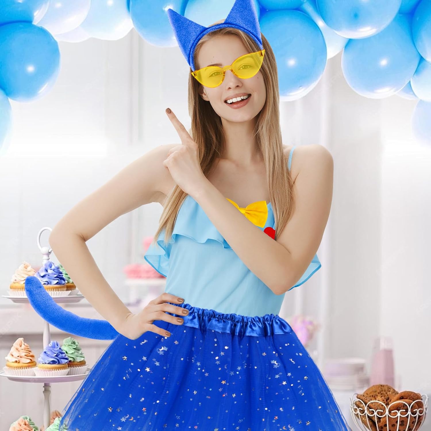 4 PCS Blue Cat Costume Accessories Set - Cat Ears Headbands Tail Bowtie and Heart Patch for Halloween Costume Accessories Kitty Cosplay Kits - Image 3
