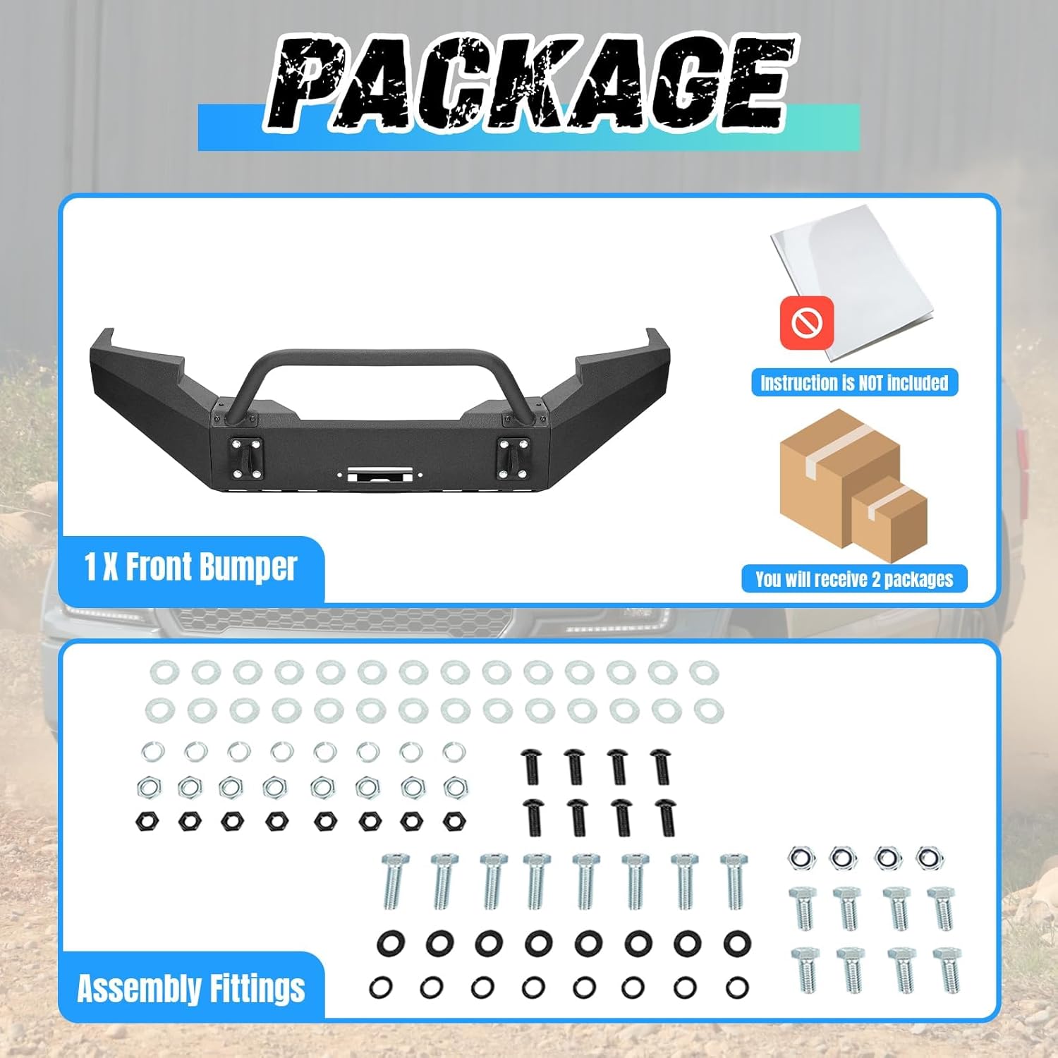 ‎KUAFU Front Bumper Assembly Compatible with 1999-2004 Ford F250 F350 F-250 F-350 Super Duty Steel Powder Coated w/Winch Plate Two Packages