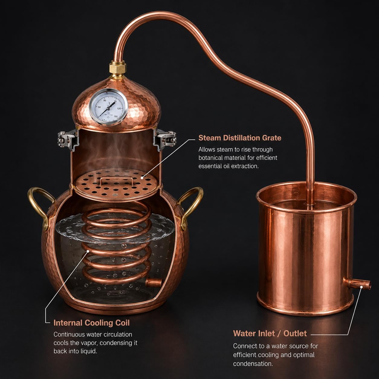 Kit de alambique de cobre con termómetro para destilación de whisky y aceites esenciales, capacidad de 2/3/5/10L, ideal para destilación de lotes pequeños