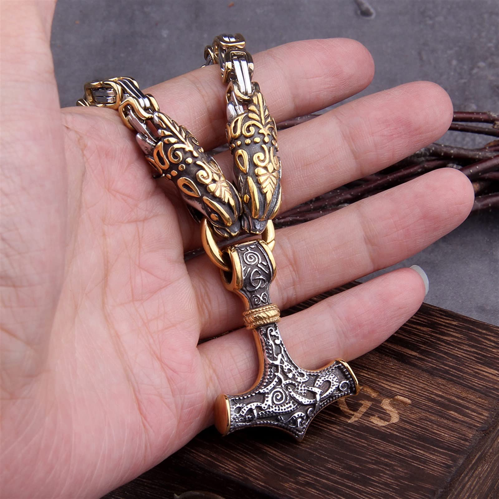 Männer Edelstahl Drachenkopf Norse Wikinger Hammer Anhänger Halskette als Männer Geschenk mit Holzkiste Ketten für Herren (Length : 50cm, Metal Color : Photo Style 1)