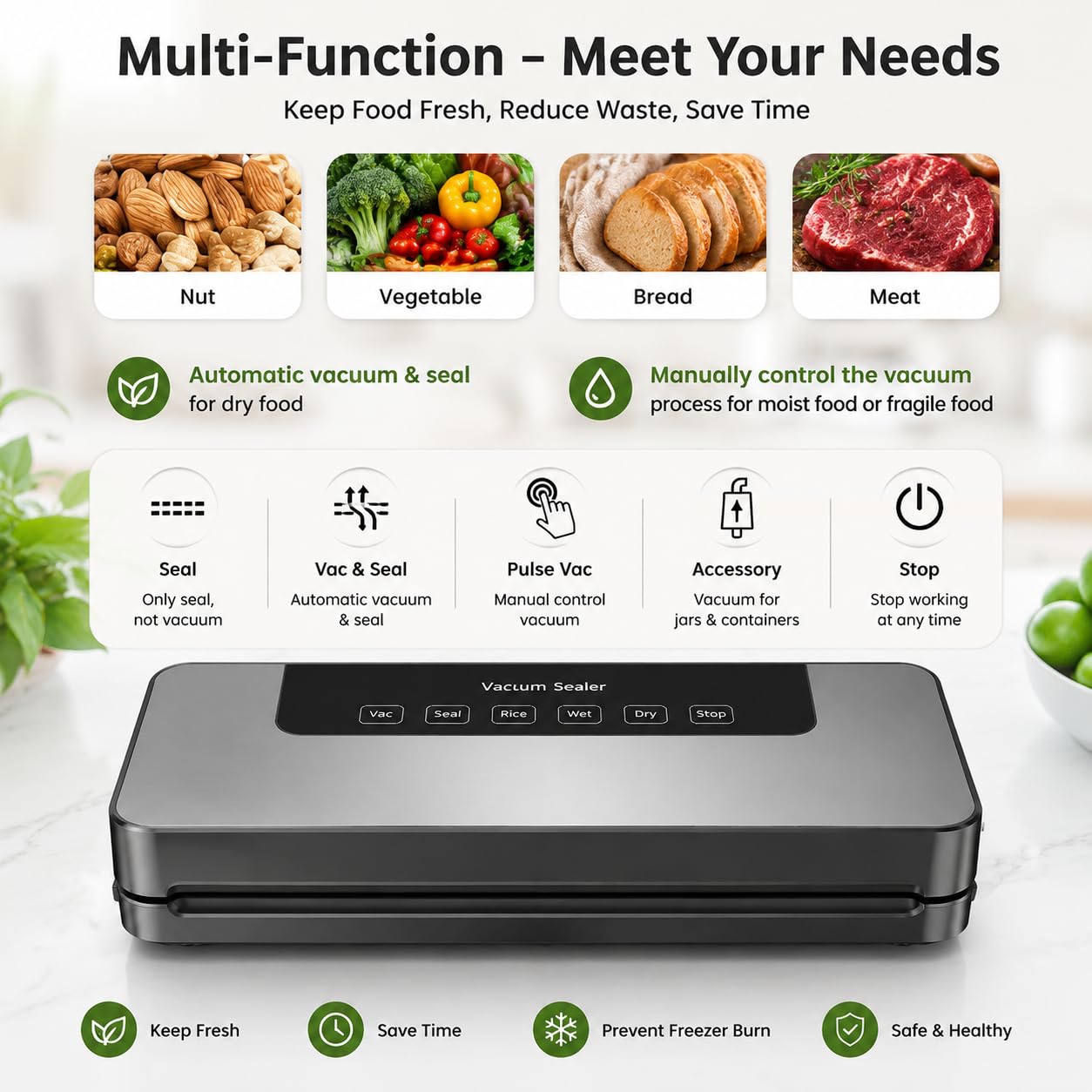 Máquina al vacío para alimentos profesional 65 kpa Hilifix, con sello más largo de 30 mm, sellador al vacío para alimentos frescos tanto secos como húmedos, sobres para aspirar incluidos