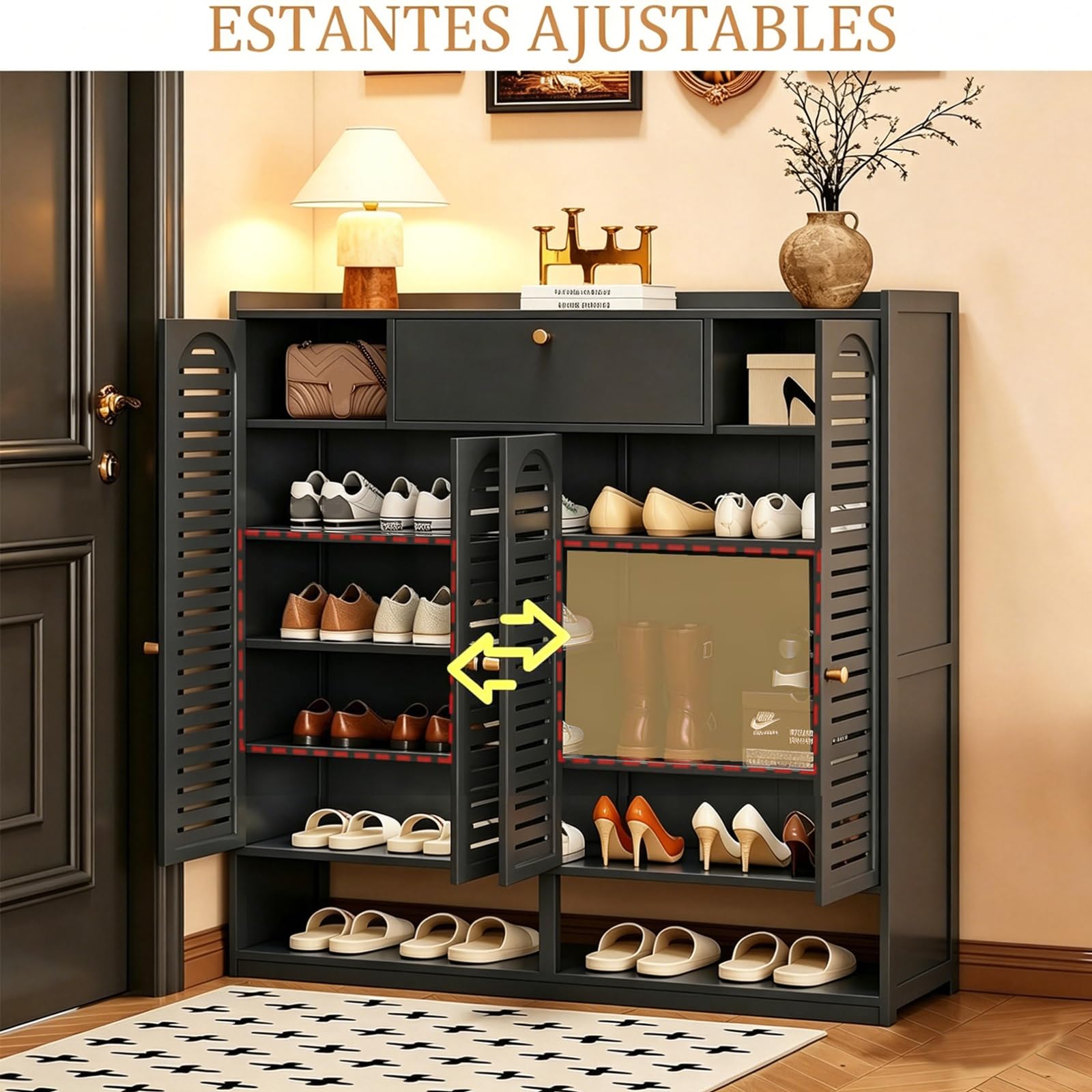 Zapatero de Bambú de 7 Niveles, Zapatero para Recibidor, Rran Zapatero con Puerta Enrollable, Zapatero Independiente con Estante Regulable, Ideal para Pasillo y Salón (Negro)