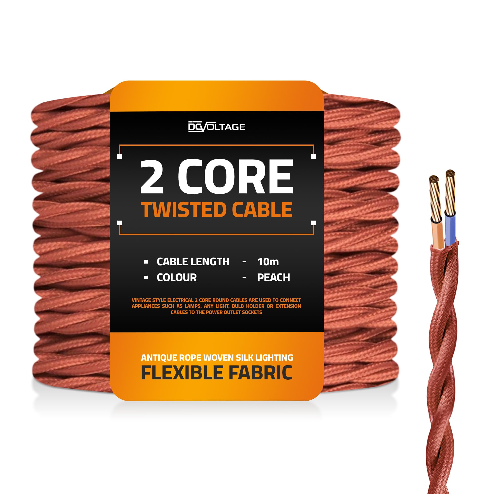 DC VOLTAGE 10m 2 Core Twisted Cable Flexible Wire Lamp Cord, 2 Conductor 32.8ft Vintage Light Flex Cable DIY Lamps Electrical Wire Lighting Appliance Wire Twisted Fabric Electrical Wire (Peach)