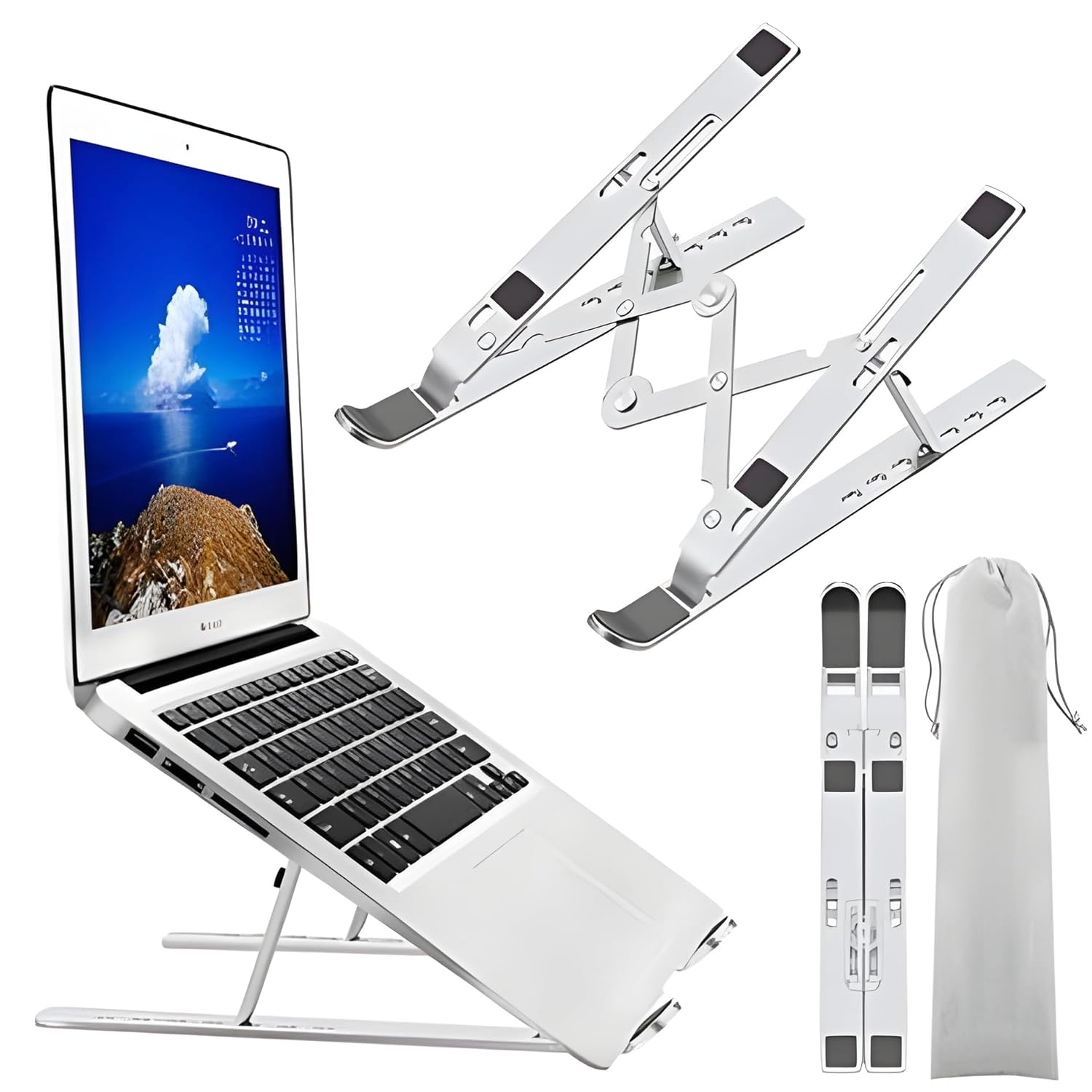 YOBLE Portable Laptop Stand, Aluminium Alloy, 7 Angles Adjustable Height, Ergonomic, Compatible with All Brands 6.8-14.7 cm, Foldable Design, Anti-slip Silicone Rubber Pads, Foldable, with Cloth Pouch YOBLE Portable Laptop Stand, Aluminium Alloy, 7 Angles Adjustable Height, Ergonomic, Compatible with All Brands 6.8-14.7 cm, Foldable Design, Anti-slip Silicone Rubber Pads, Foldable, with Cloth Pouch