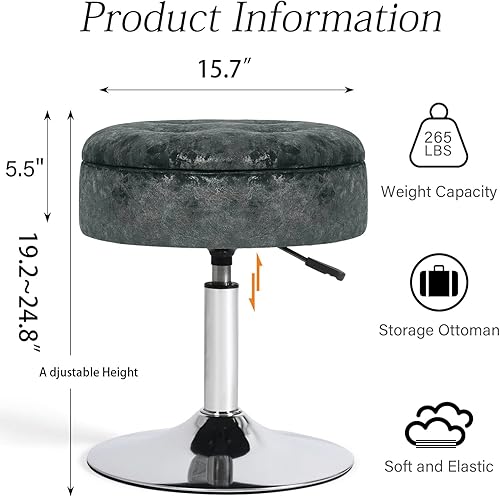 Miniatura 38 de Adeco Moderno taburete redondo de mármol negro para sala de maquillaje, altura de terciopelo ajustable, 360 pies giratorios con base de metal Mármol