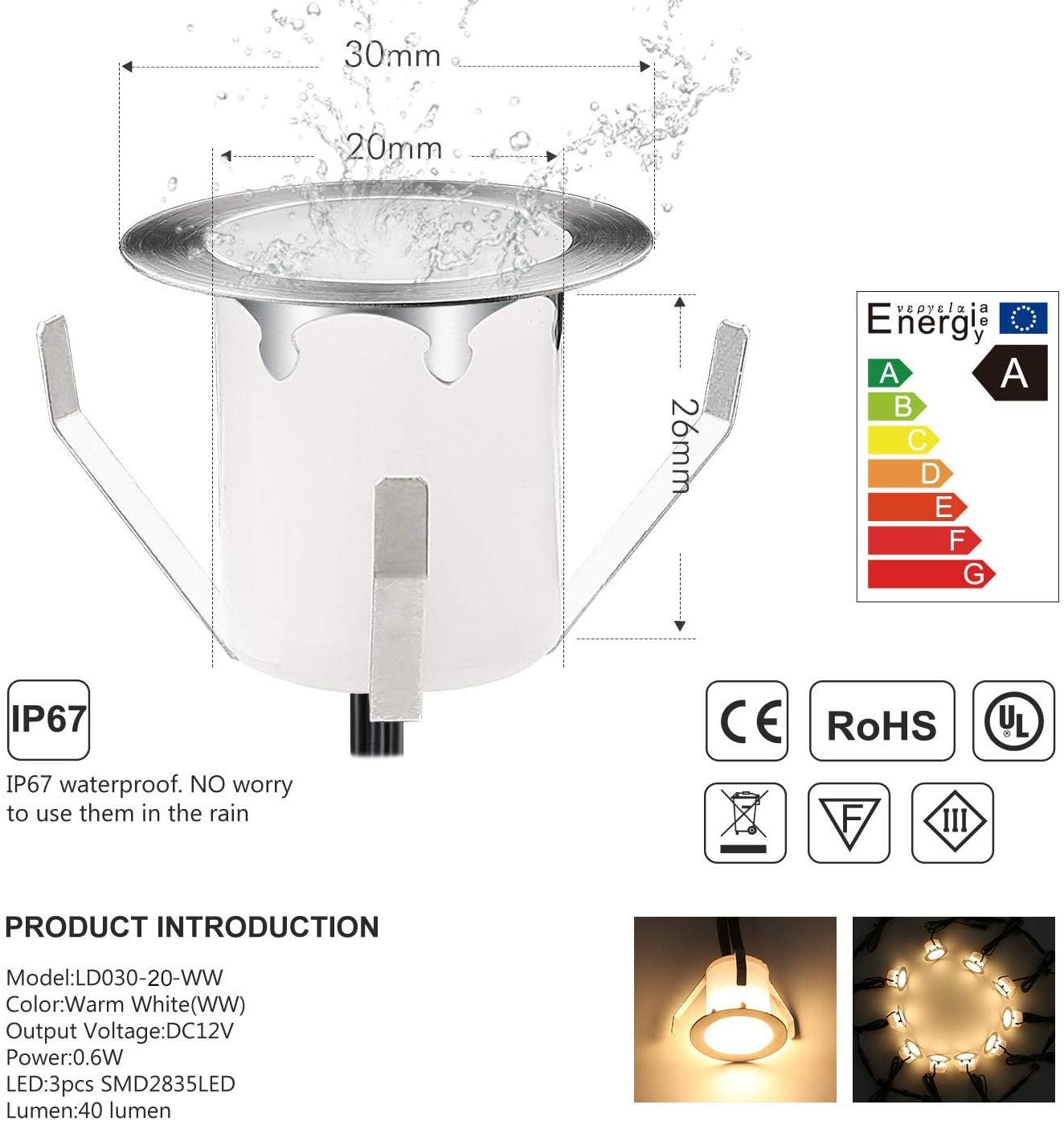 6 kit faretti da incasso a LED per terrazza sepolta plafoniera,LED da incasso 0,6 W IP67 DC12 V, impermeabile, lampada esterna per strada, scala, piscina, cortile, bagno bianco caldo