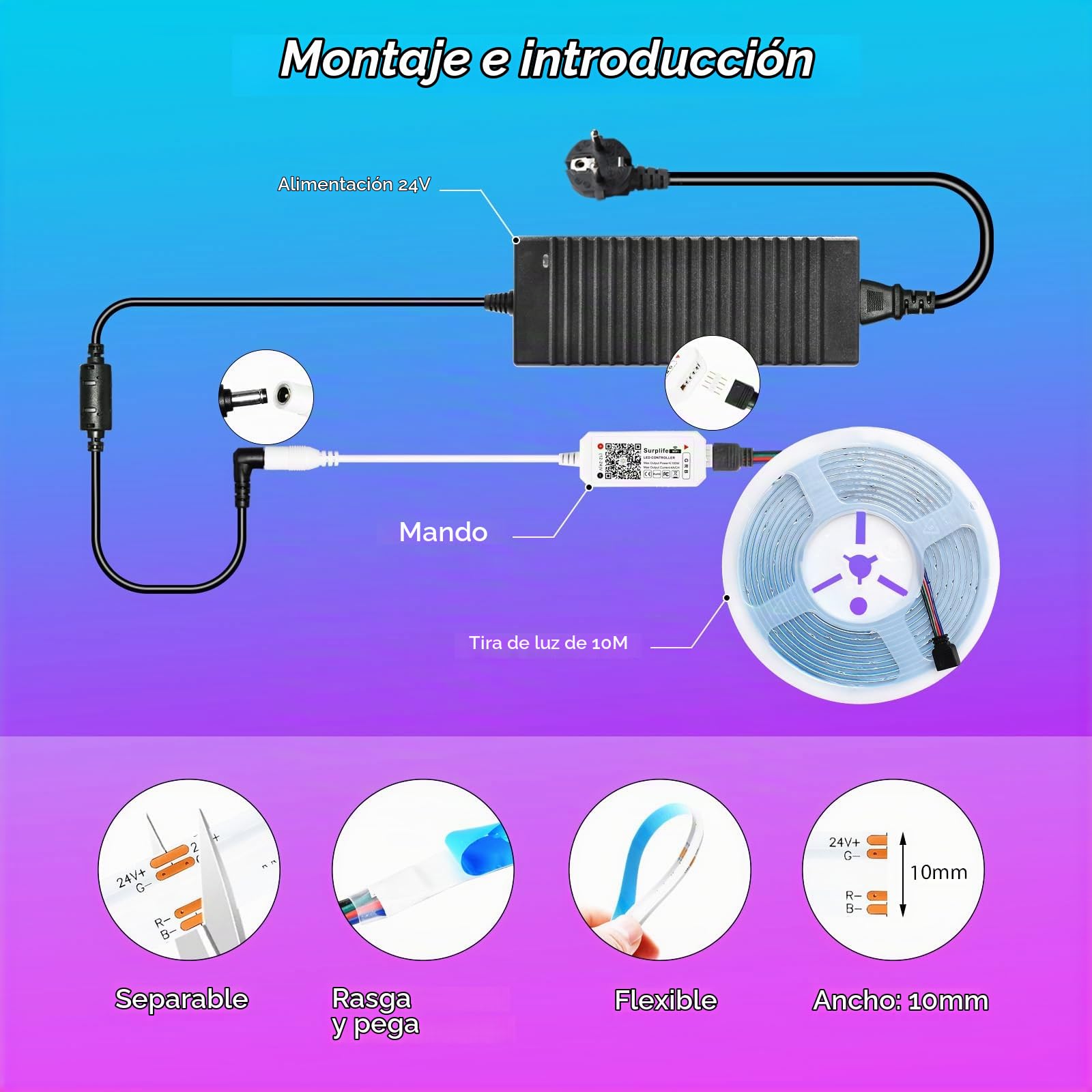 Tira de luces LED WiFi inteligente COB RGB de 10 m, 576 ledes/m, 5760 ledes, 24 V, funciona con Google Home Assistant/Alexaz, regulable y deformable, con mando a distancia WiFi