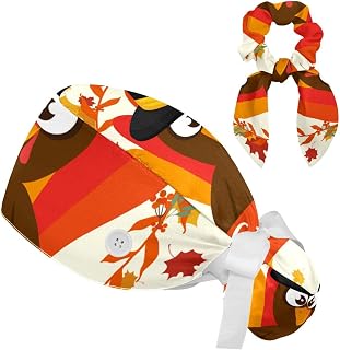 FVQL 2 Pieces Surgical Cap for Long Hair Scrub Cap with Hairband Nurse Cap, Thanksgiving Turkey and Maple Leaves