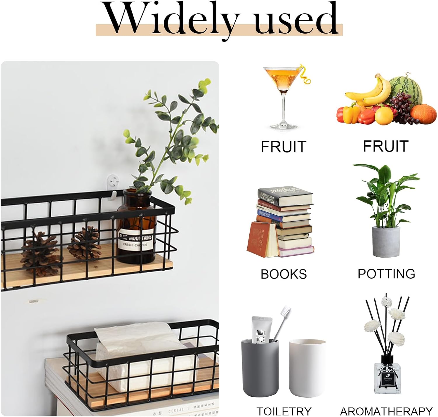 2-Pack Small Wire Baskets, Metal Wire Storage Baskets, Rustic Storage Bin Wood Base Containers Farmhouse Rectangle Organizer Tray for Home Kitchen Bathroom