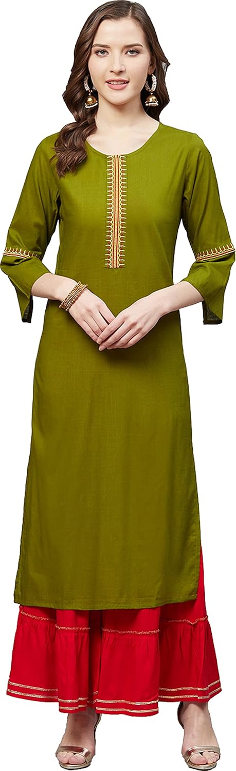 Yash Gallery Women’s Size Rayon Slub Straight Kurta (Olive Green) Yash Gallery Women’s Size Rayon Slub Straight Kurta (Olive Green)