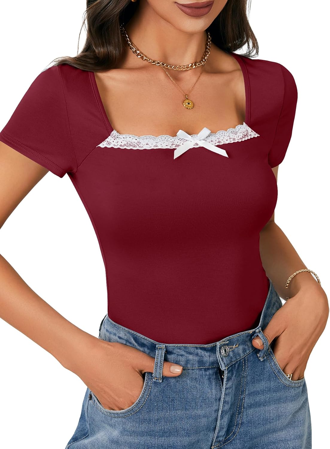 Rooscier Women's Cute Tops Lace Trim Knot Square Neck Short Sleeve Slim Fitted Tee Shirts Going Out Blouse - Image 4
