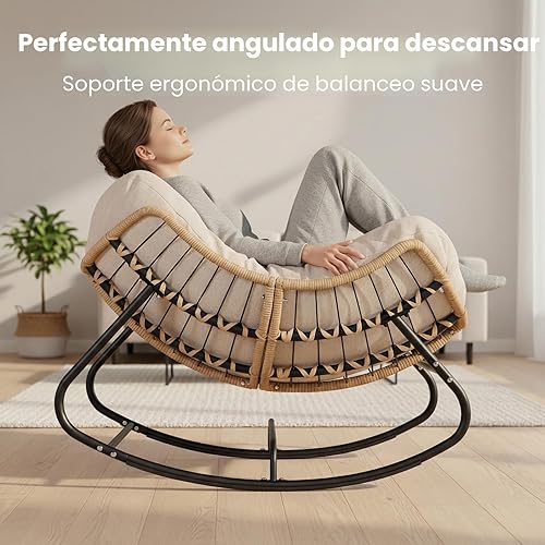 Miniatura 3 de SWITTE Silla mecedora para exteriores, balancín de patio de tamaño grande tipo papasan, cómoda silla de mimbre para leer, silla de huevo