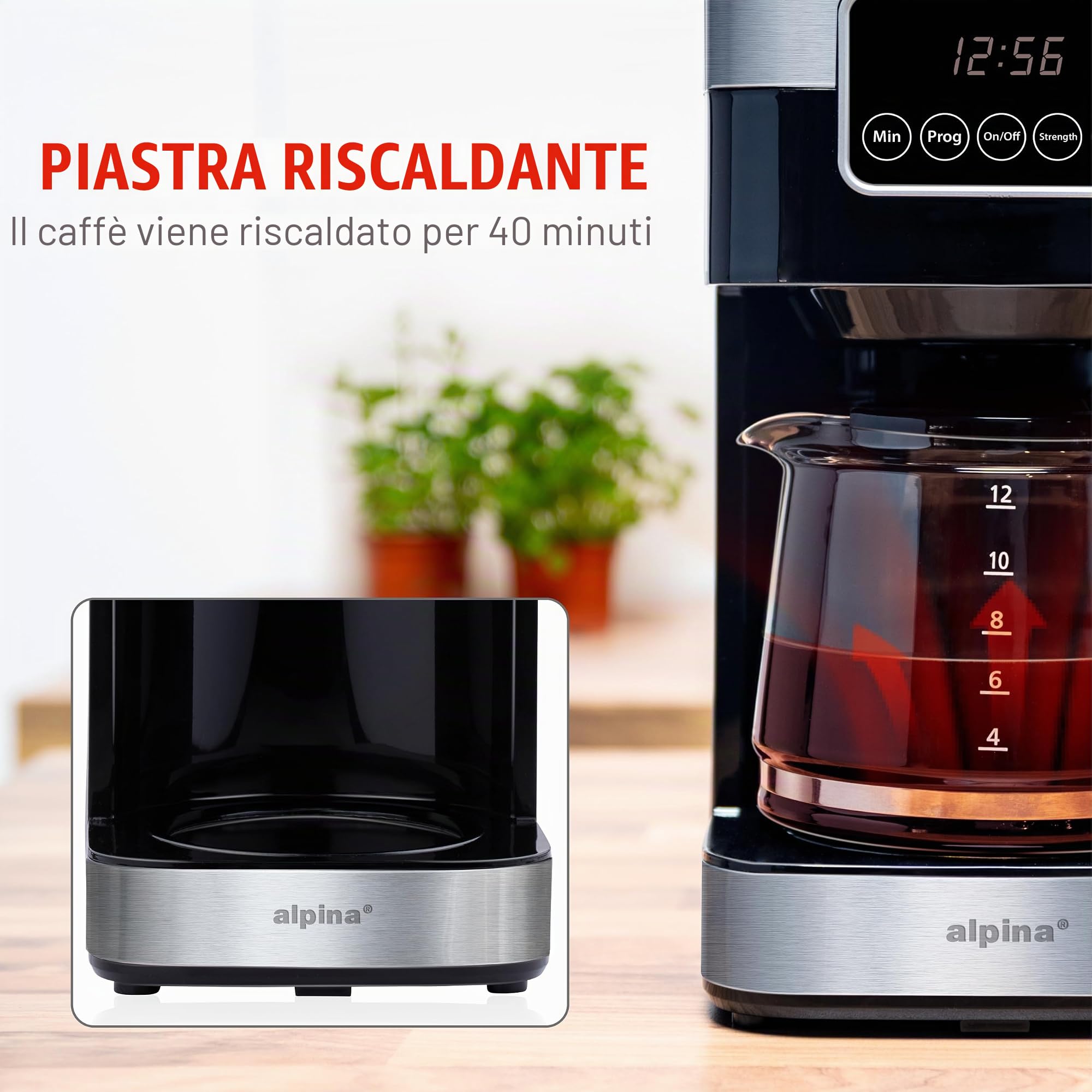 alpina Macchina Caffè Americano - Macchina da Caffè 1.5L/ 12 Tazze di Caffè Filtro - Macchina da Caffè con Display Digitale, Timer e Piastra Riscaldante - Intensità del Caffè Regolabile - Nero