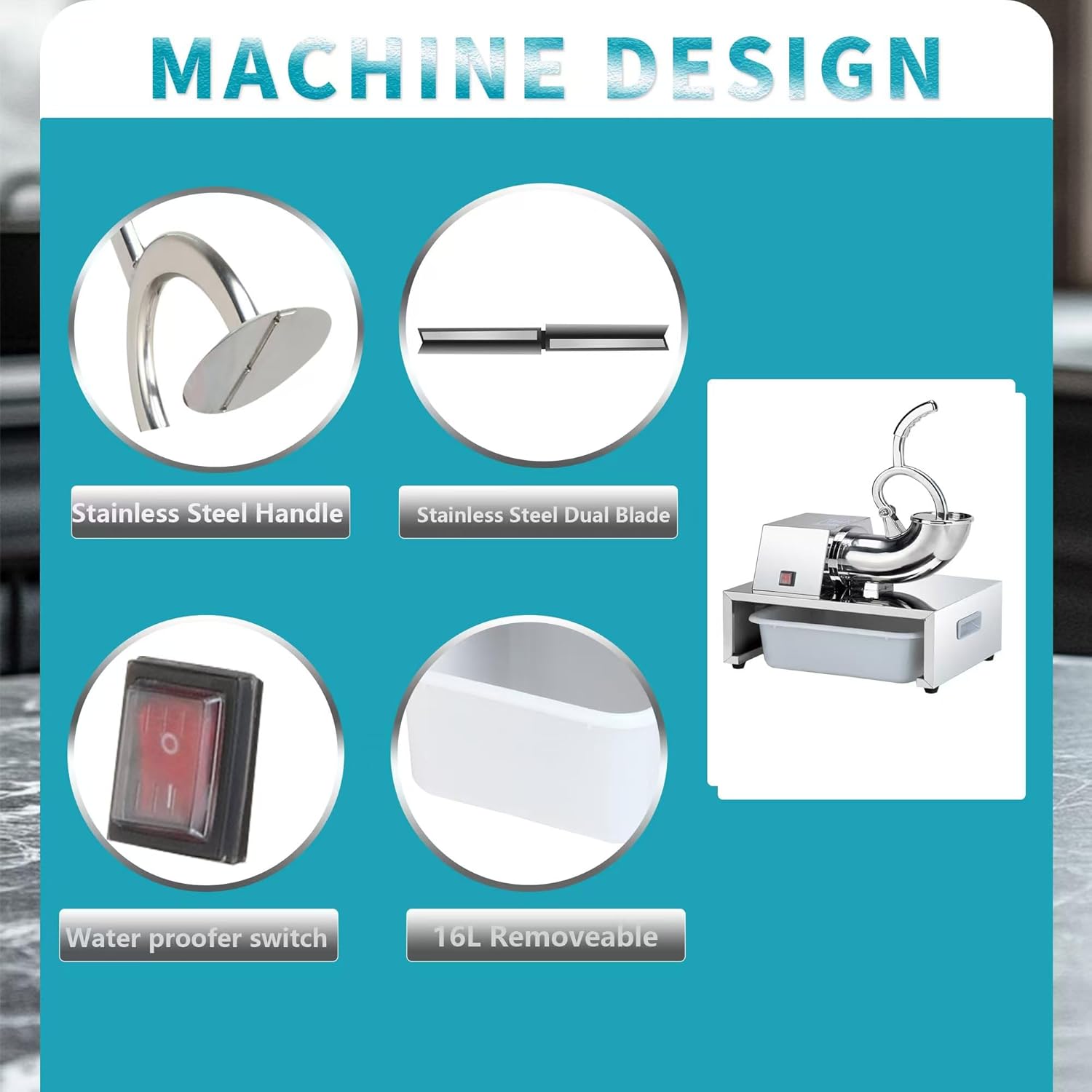 SNICE Electric Stainless Steel Snowflake Ice Shaver Machine For Bar,Kitchen,Seafood,Cold drink Heavy-Duty Snow Cone Machine Ice Crusher Machine Double Blade, Shaved Ice For Summer