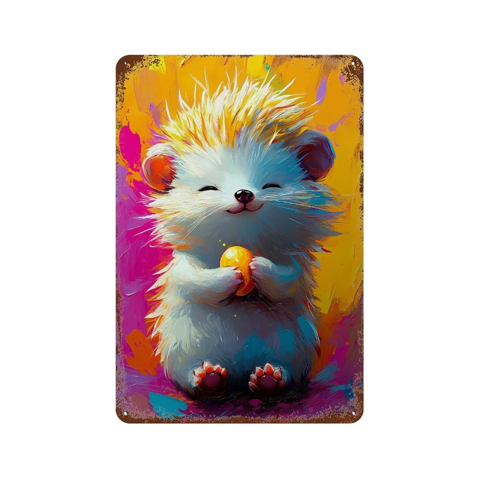 Smiling Hedgehog Painting Vintage Wall Sign 11.8"x7.9", Rust Effect Metal Decor for Office, Studio And Wall Decor
