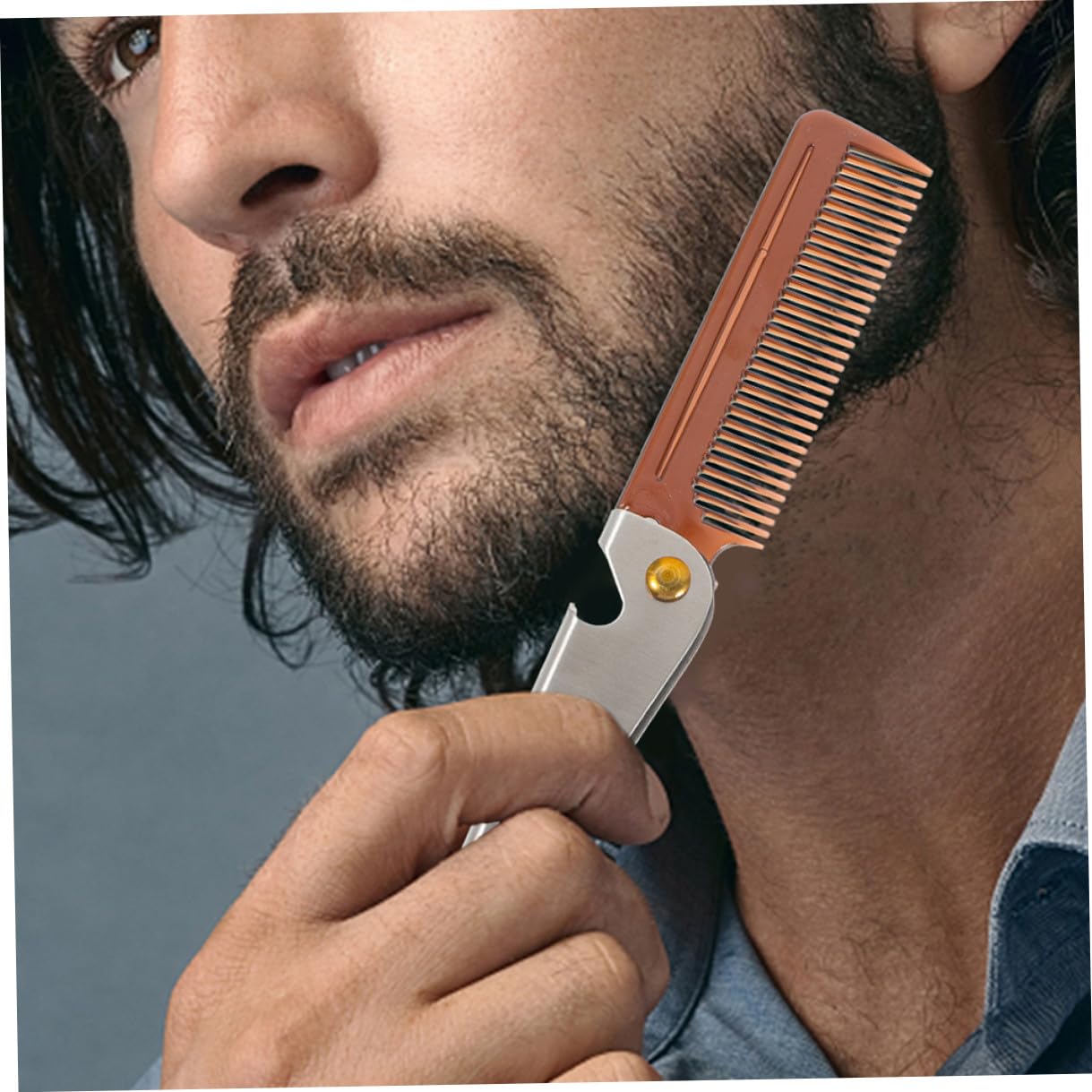 2pcs Portable Folding Stainless Steel Beard and Mustache Comb for Men with Bottle Opener, Pocket Travel Hair Styling and Grooming Tool
