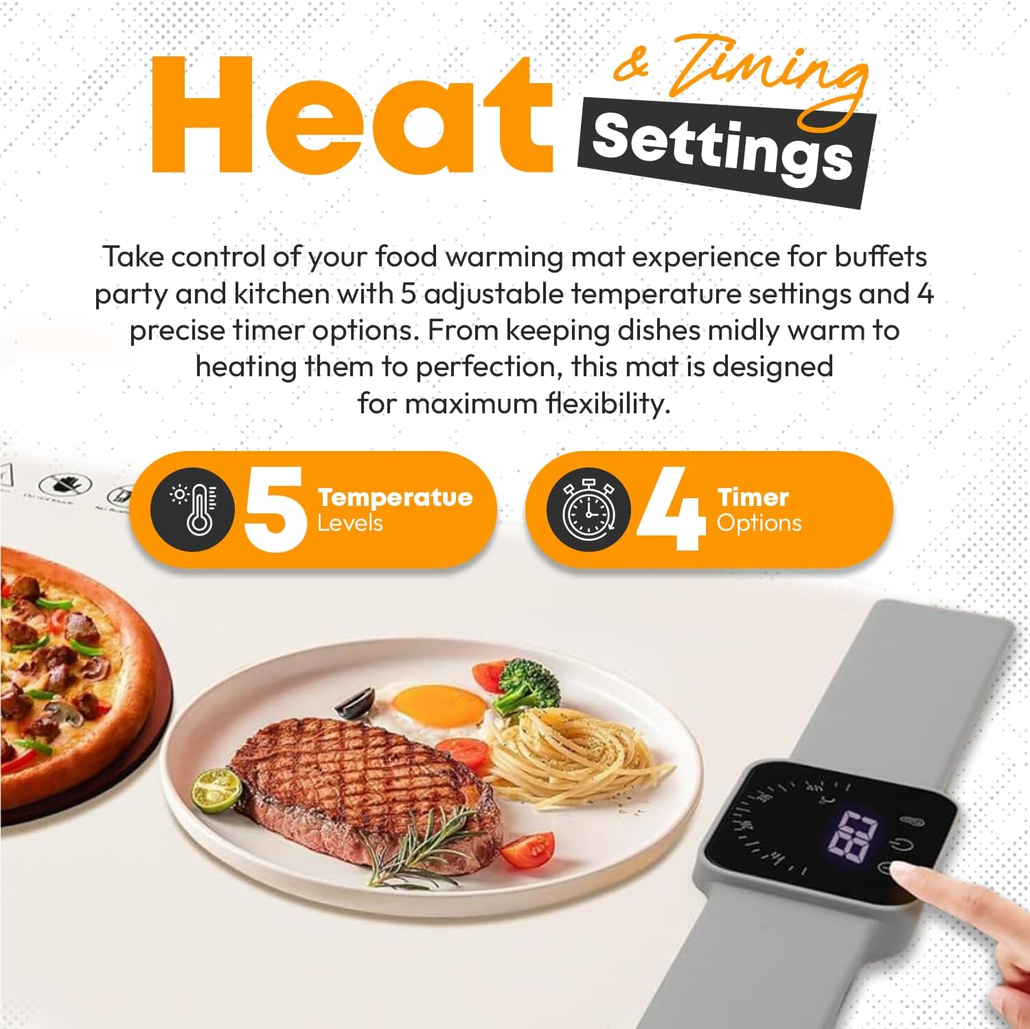 Electric Food Warming Mat for Countertop, Large 26×15.4 in with 5 Heat Levels (40°C–100°C), Auto Shut Off & Child Lock, Includes Storage Bag & Gloves – Portable Heating Tray for Home, Party & Travel