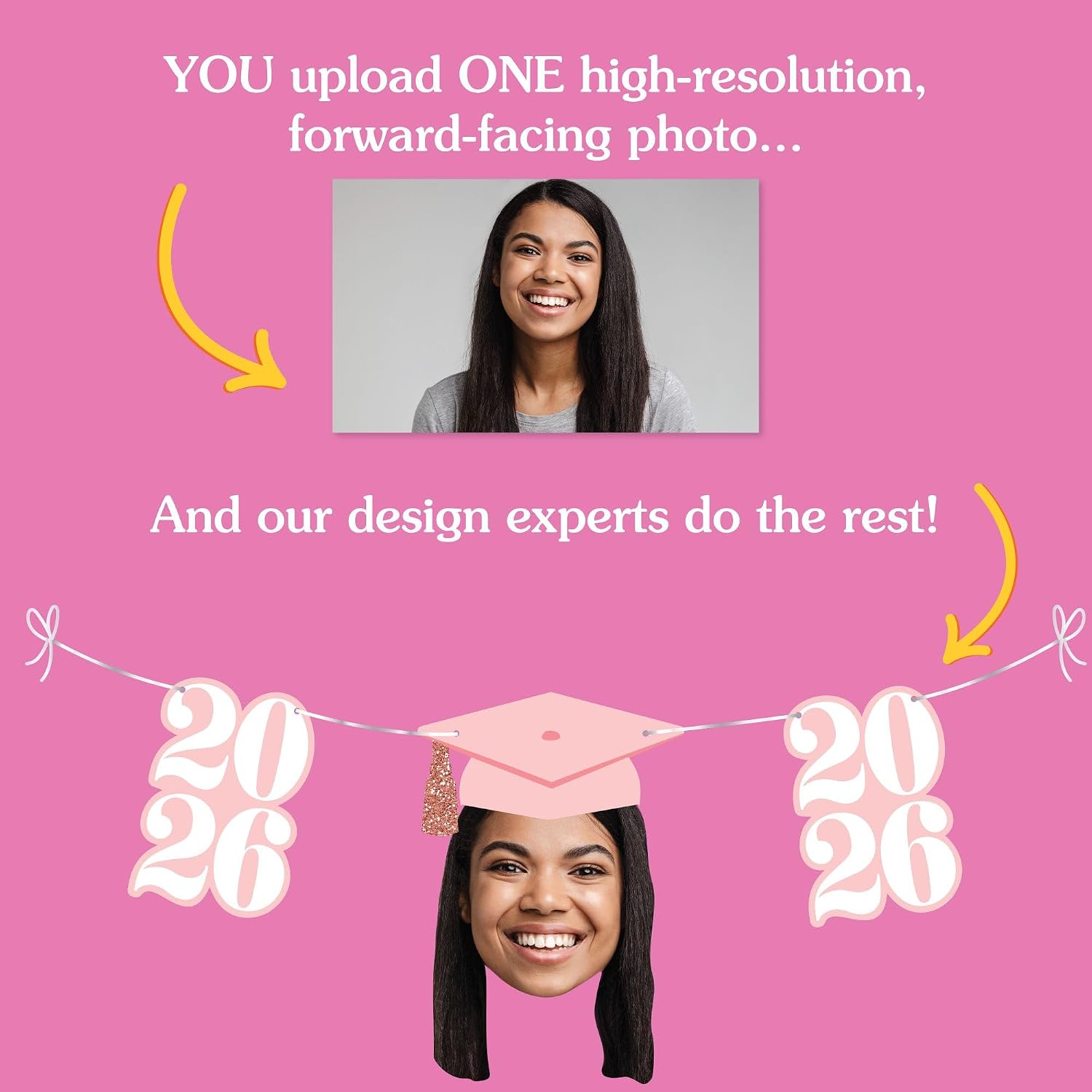 Big Dot of Happiness Custom Photo Pink Graduation Garland Banner, Personalized Rose Gold Grad Party Decoration, Face Cutout Banner Backdrop, 30 Feet of Cord, 5 2026 Shapes & 5 Faces with Grad Caps