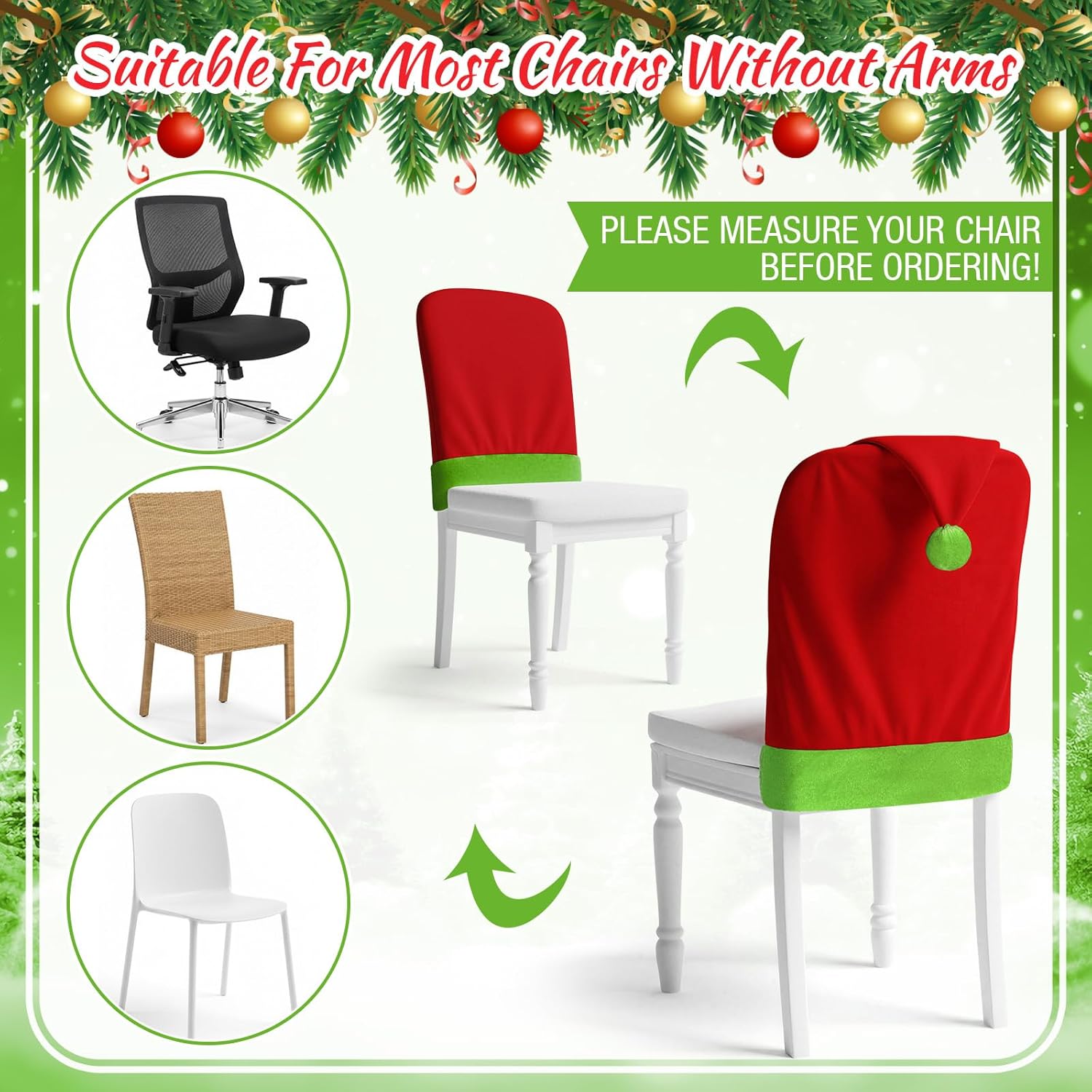 6pcs Red Hat Dining Chair Slipcovers Green Velvet Ball Christmas Chair Back Covers Kitchen Seat Covers for Christmas Holiday Festival Decoration