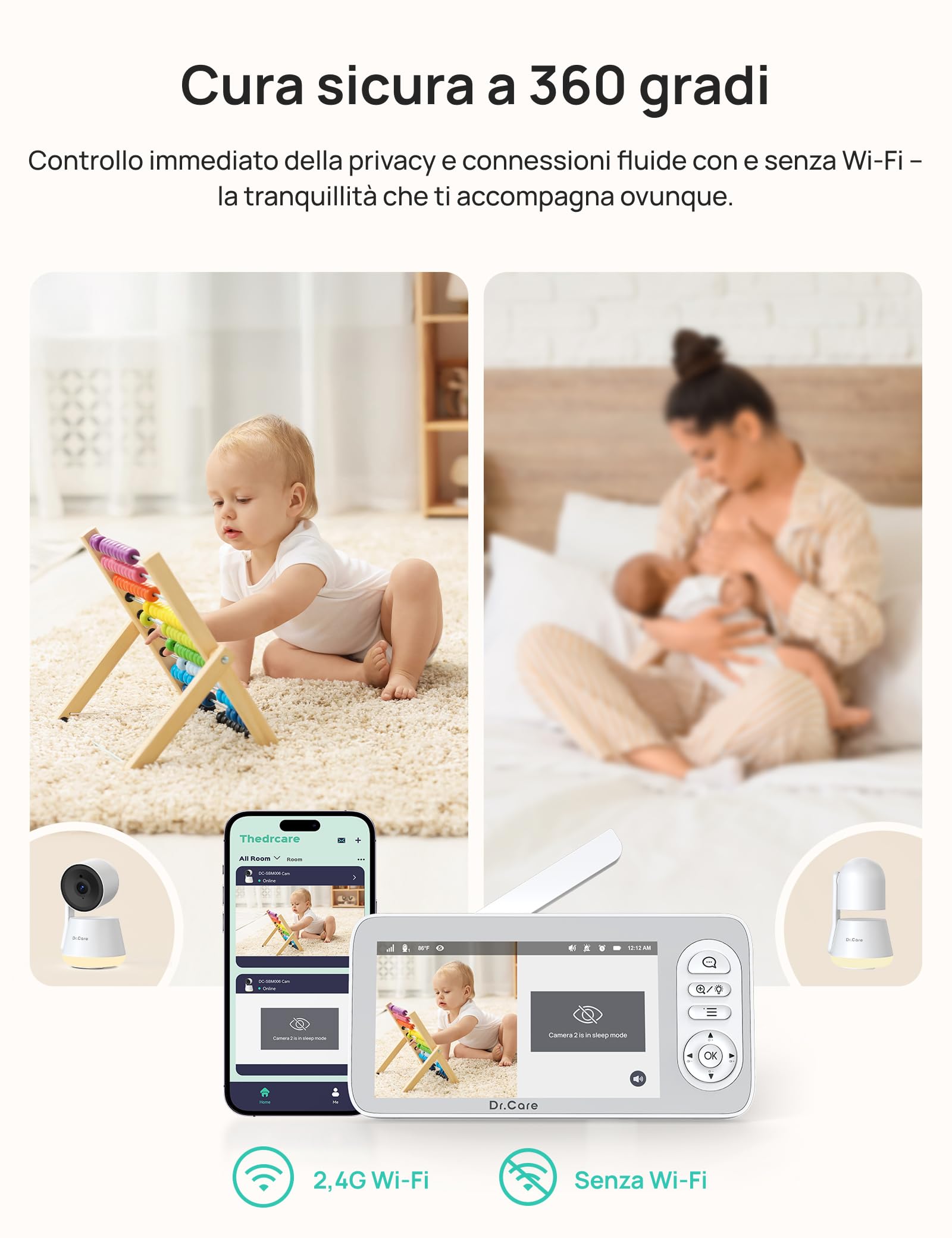 Dr.Care LumiView Plus Baby Monitor WiFi con Supporto Clip – Schermo 5.5", Telecamera 2K, Modalità Privacy, Batteria Rimovibile 5000mAh, Luce RGB (1 Telecamera + 1 Monitor + 1 Supporto Clip)