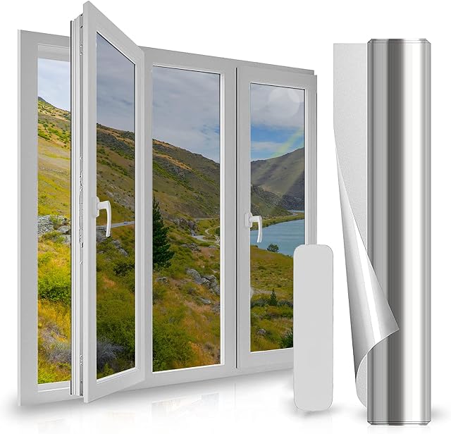Antrect One Way Window Film Silver Anti UV Window Film Privacy Mirror Anti Glare Reflective Window Film Heat Control Window Tint Sun Blocker Window Sticker Privacy Film For Glass Windows