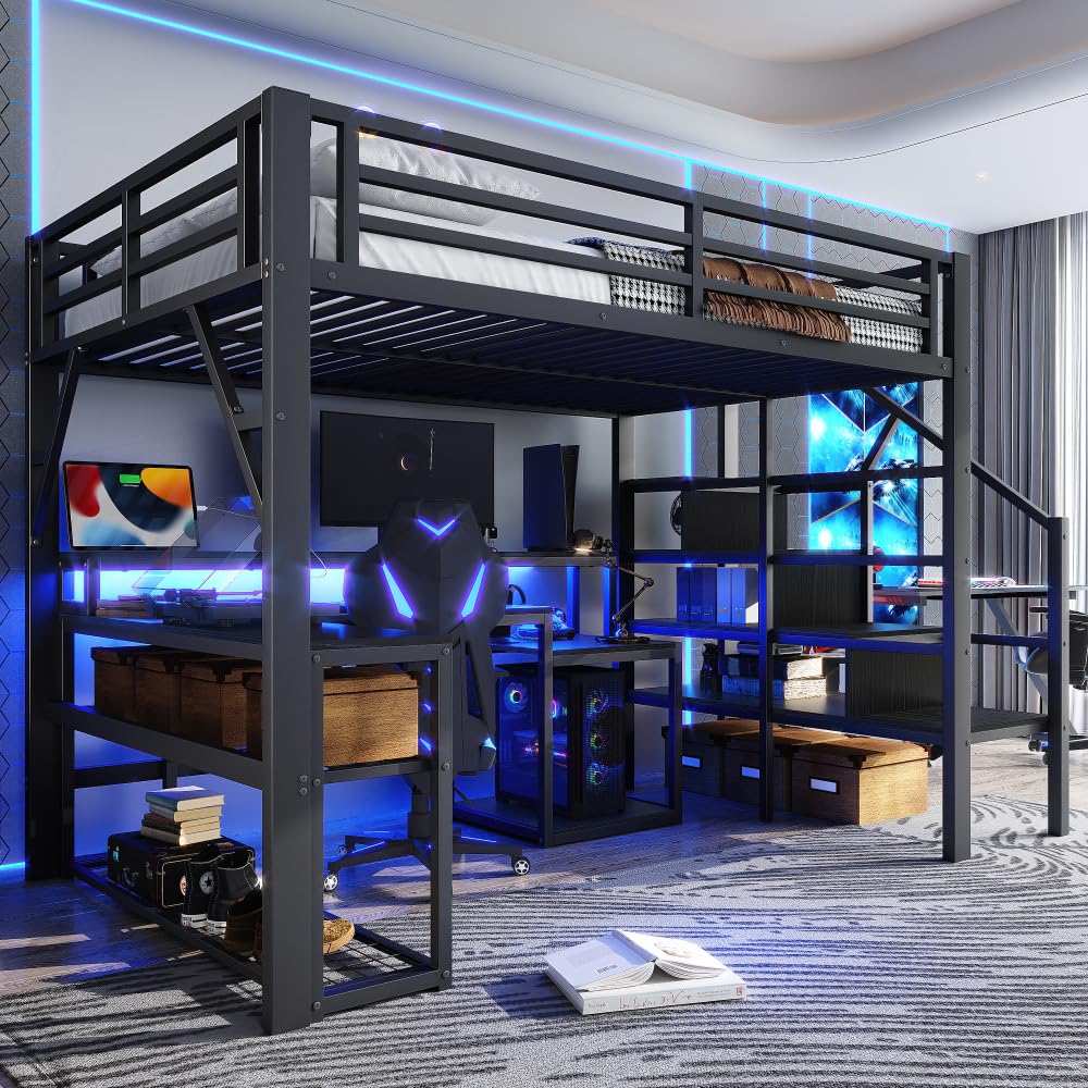 Sapgaks Lit Mezzanine 1 Place Enfant 140 x 200 cm avec éclairage LED et Port USB,lit Mezzanine avec Bureau lit superposé Enfant,lit Mezzanine escalier avec Espace de Rangement,Noir