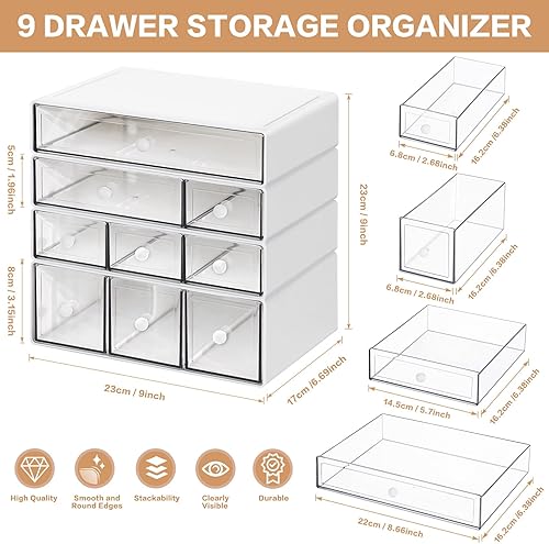 Miniatura 3 de Organizador de almacenamiento de escritorio con 9 cajones, 4 niveles apilables, cajones de almacenamiento de manualidades de escritorio, caja de