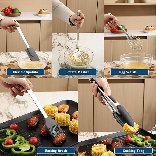 Miniatura 7 de Juego de utensilios de cocina de 26 piezas, juego de herramientas de cocina resistentes de acero inoxidable con ganchos, espátula de metal y