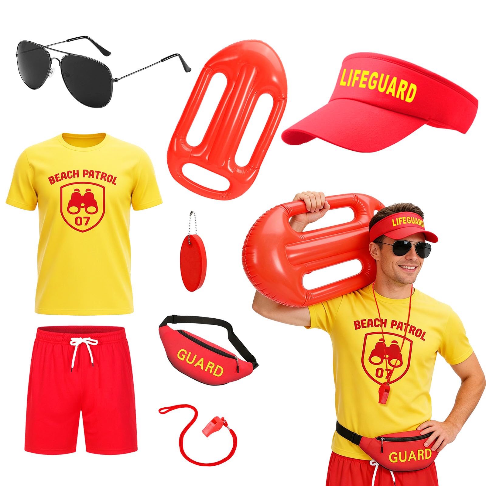 Atomvia 8Pcs Lifeguard Costume Men Women, Beach Patrol Outfit Set with T Shirt Shorts Hat Fanny Pack Whistle Sunglasses Inflatable Float Prop Keychain Fancy Dress Halloween Pool Party Cosplay (XL)
