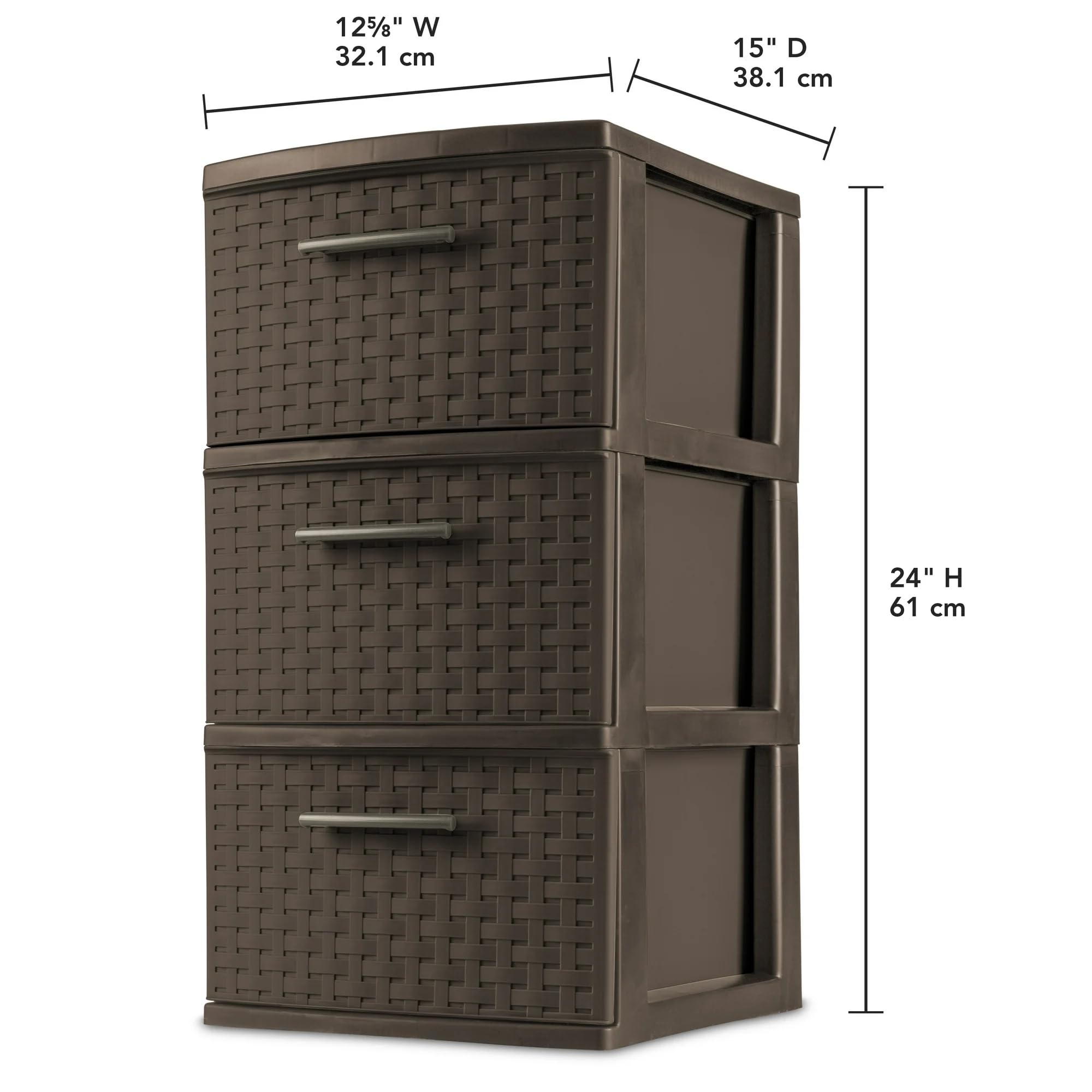 3-Drawer Weave Tower In Espresso Brown - Plastic Storage Organizer With Handles